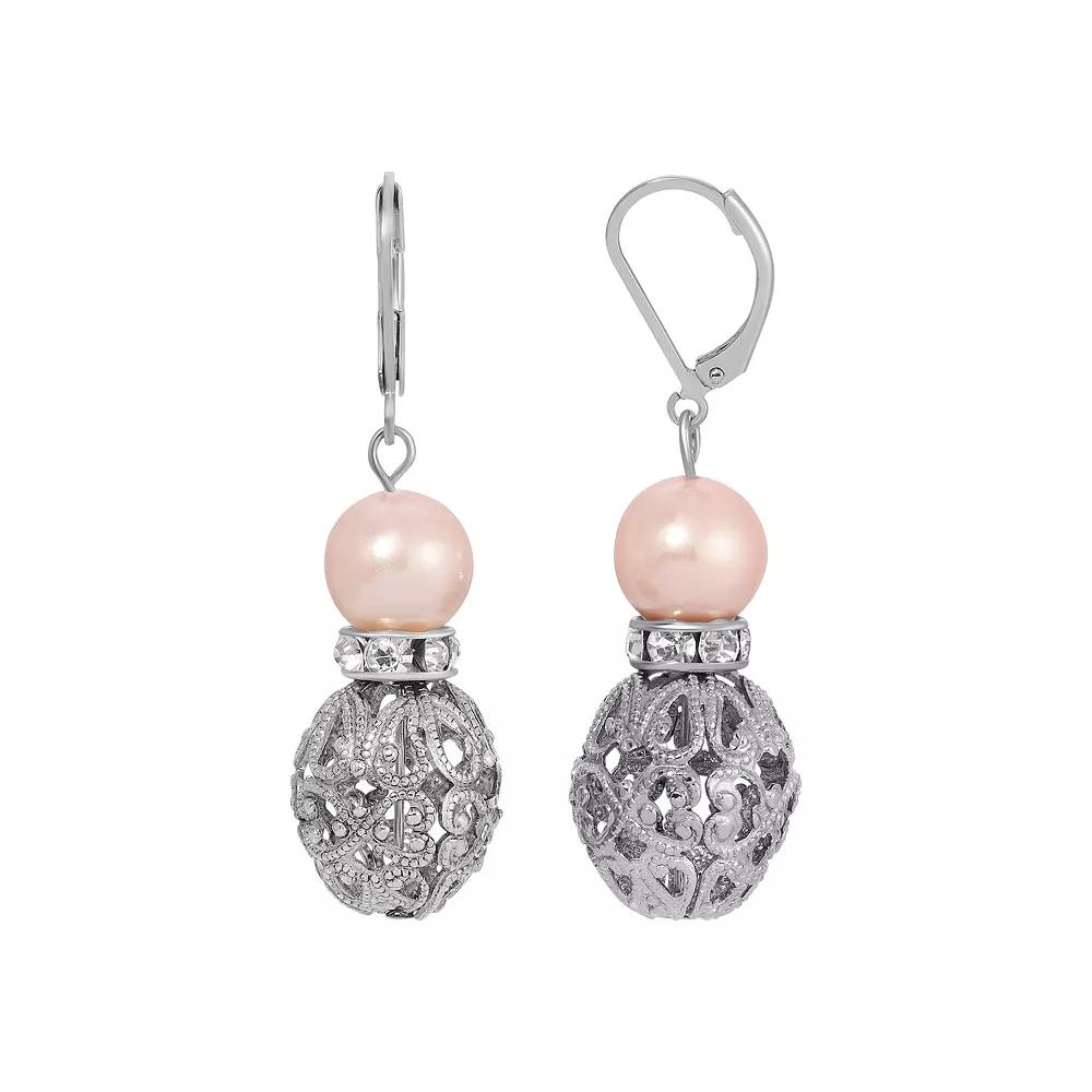 1928 Silver Tone Filigree Faux Pearl Drop Earrings, Womens, Beige Product Image