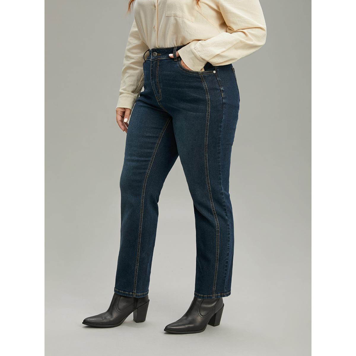 Plus Size Very Stretchy Seam Detail Stitch Jeans Women Indigo Casual Plain Plain High stretch Pocket Jeans BloomChic 20/2X Product Image