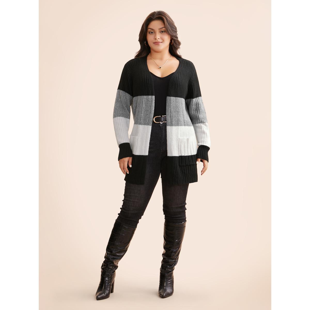Plus Size Colorblock Contrast Patched Pocket Cardigan Black Women Casual Loose Long Sleeve Everyday Cardigans BloomChic 12/L Product Image