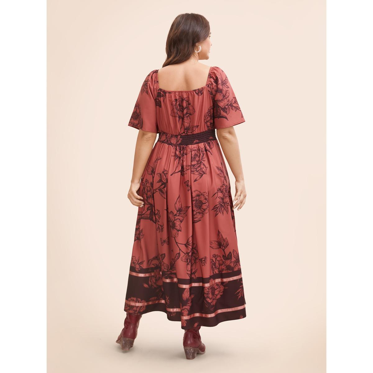 Plus Size Boho Print Heart Neckline Ruffle Sleeve Maxi Dress Burgundy Women Elegant Woven ribbon&lace trim Square Neck Short sleeve Curvy BloomChic 28/5X Product Image