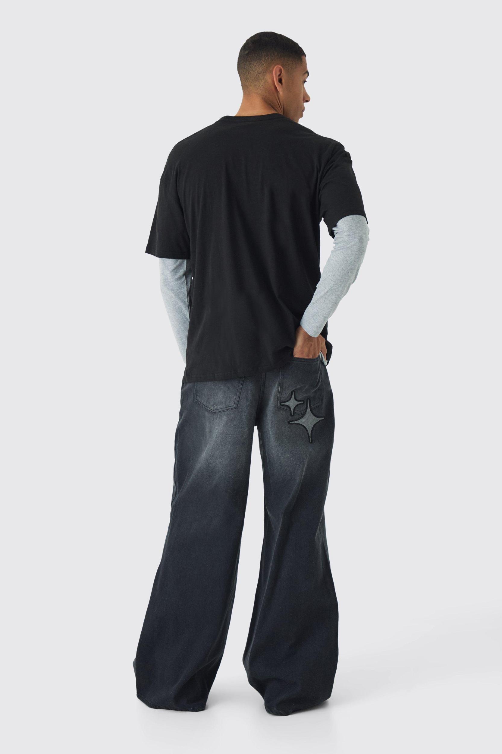 Extreme Baggy Star Applique Jeans | boohooMAN USA Product Image