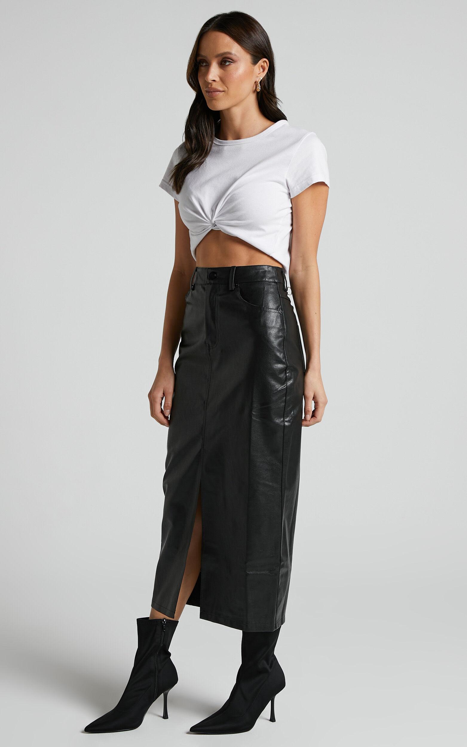 Jules Midi Skirt - Faux Leather High Waisted Front Split Midi Skirt in Black Product Image