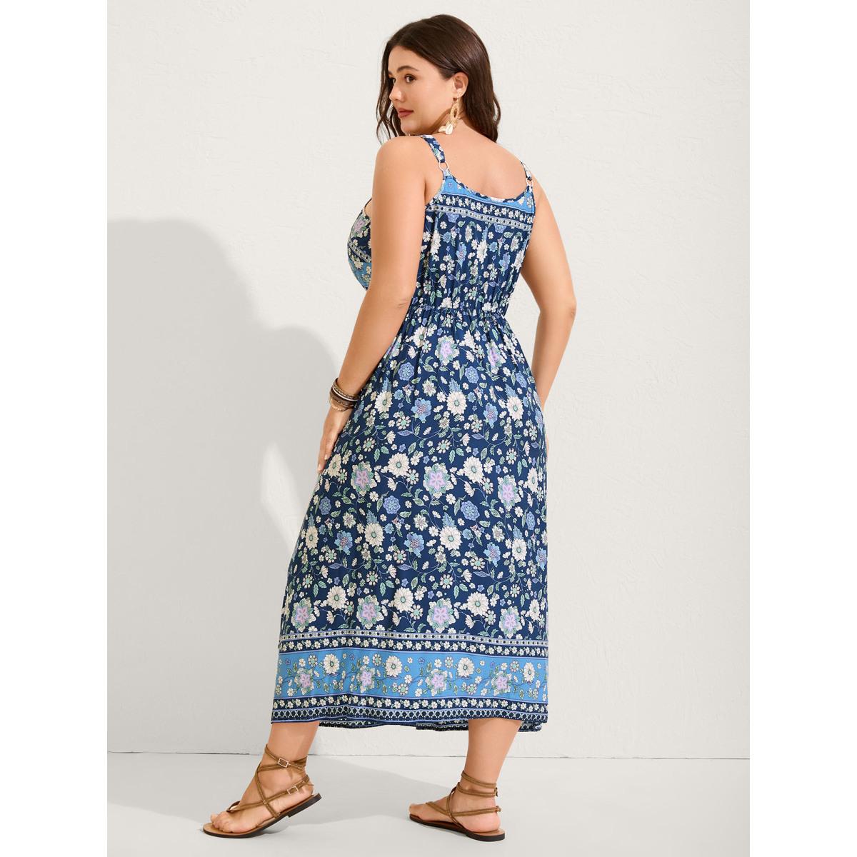 Plus Size Floral Print Contrast Cami Midi Dress Navy Women V-neck Sleeveless Curvy BloomChic 22-24/3X Product Image