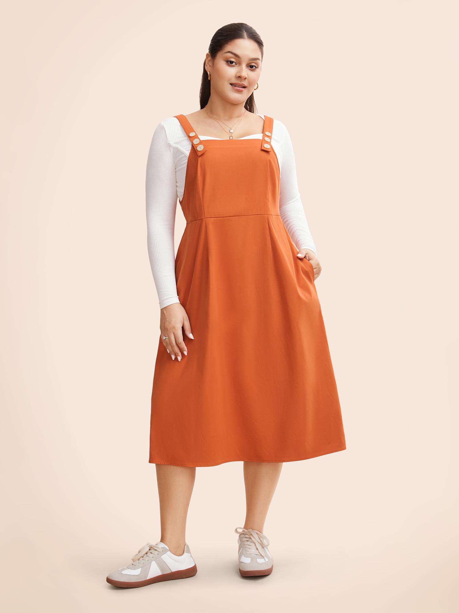 Plus Size Suspender Skirt Style Midi Dress OrangeRed Women Casual Button Non Sleeveless Curvy BloomChic 26/4X Product Image