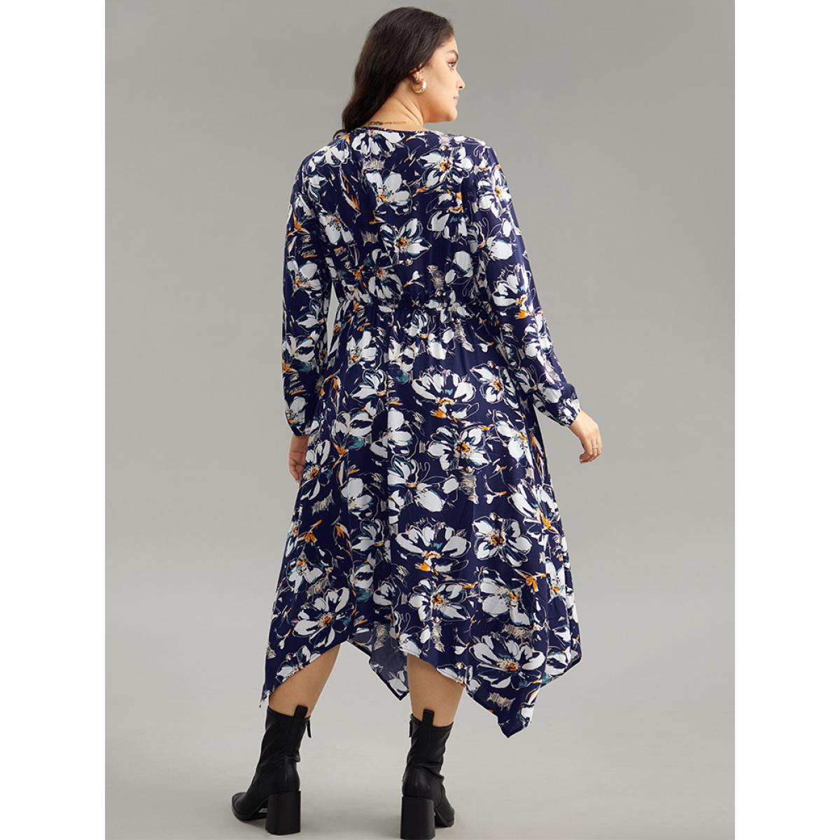 Plus Size Floral Print Ruched Plicated Detail Dress DarkBlue Women Elegant Elastic cuffs V-neck Long Sleeve Curvy Midi Dress BloomChic 18-20/2X Product Image