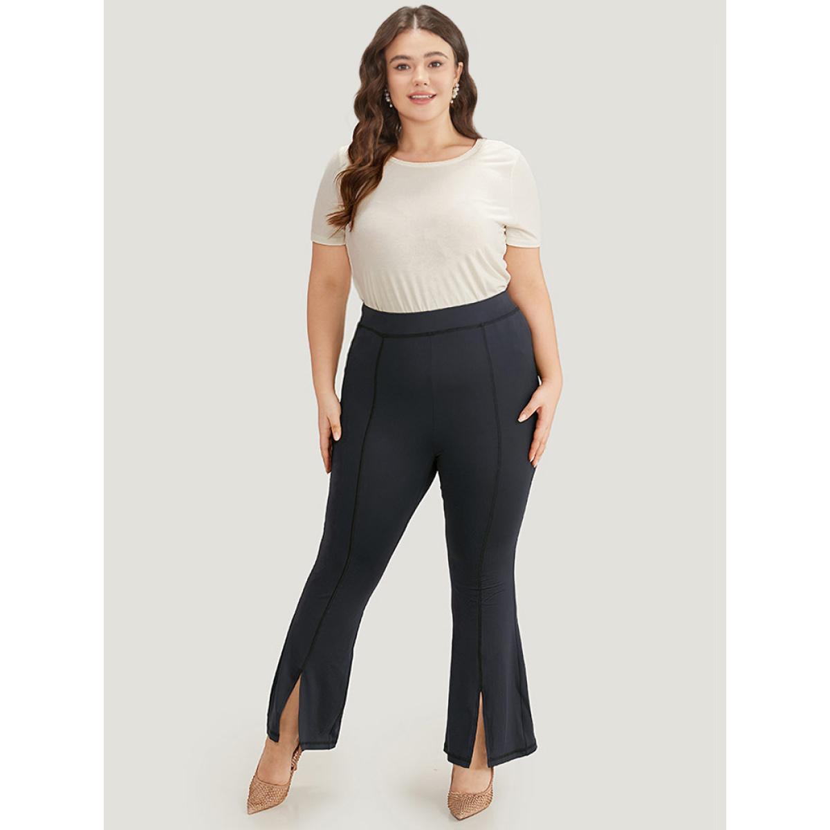 Plus Size Plain Split Hem Flare Leg Leggings Women Indigo Elegant High stretch Flare Leg High Rise Dailywear Leggings BloomChic 12/L Product Image