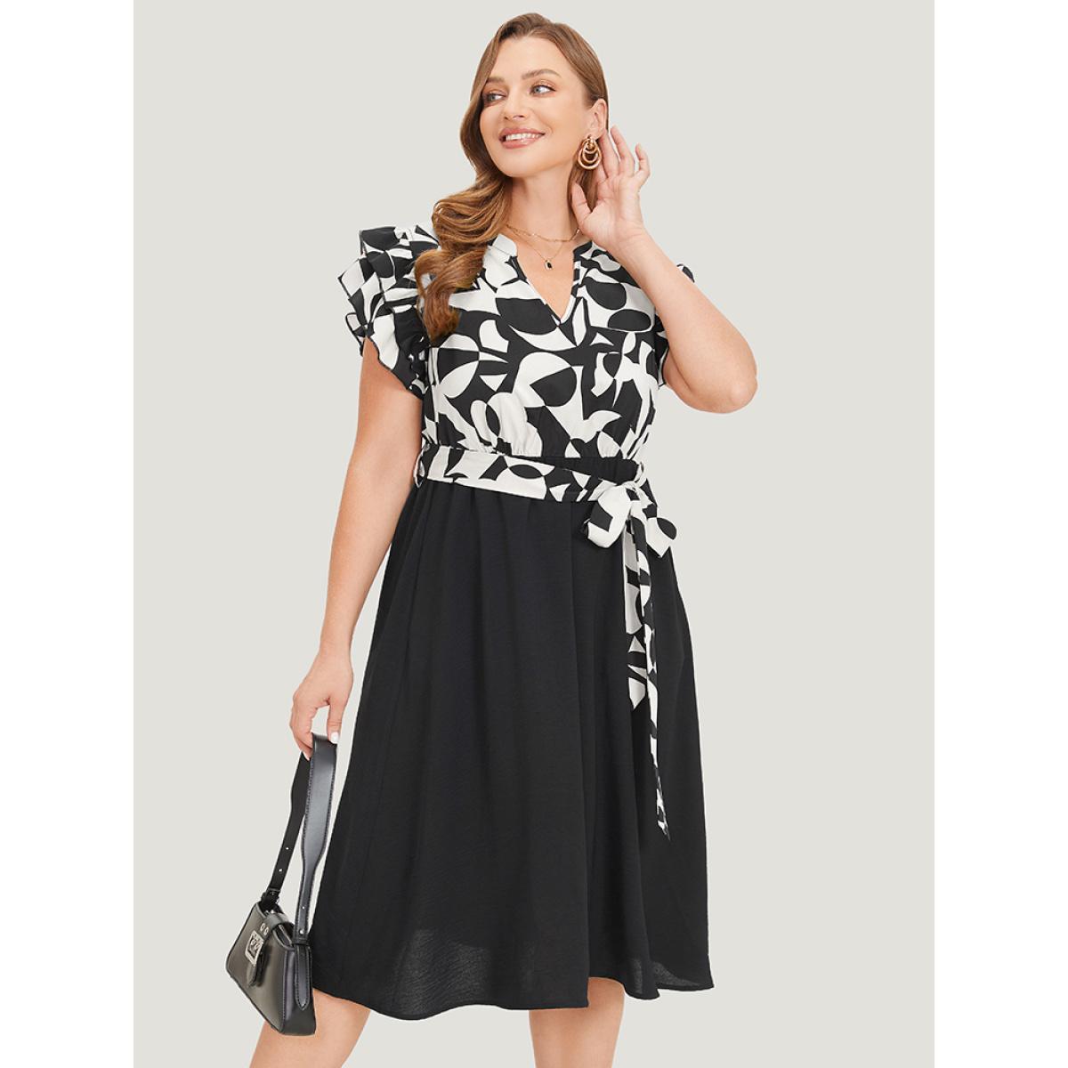 Plus Size Geometric Pocket Belted Ruffle Sleeve Notched Dress White Women Office Plain Notched collar Cap Sleeve Curvy Midi Dress BloomChic 30/6X Product Image
