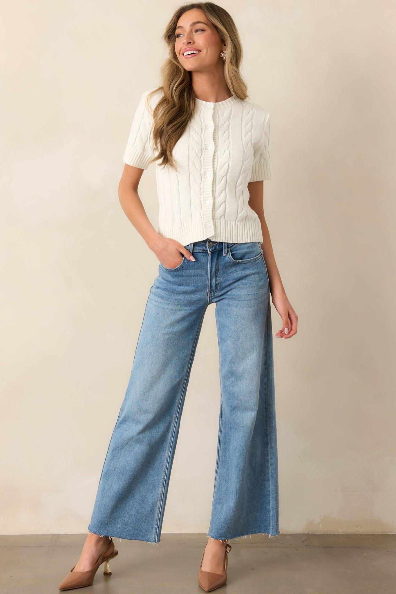 Feels Like Home Ivory Short Sleeve Cable Knit Cardigan Product Image