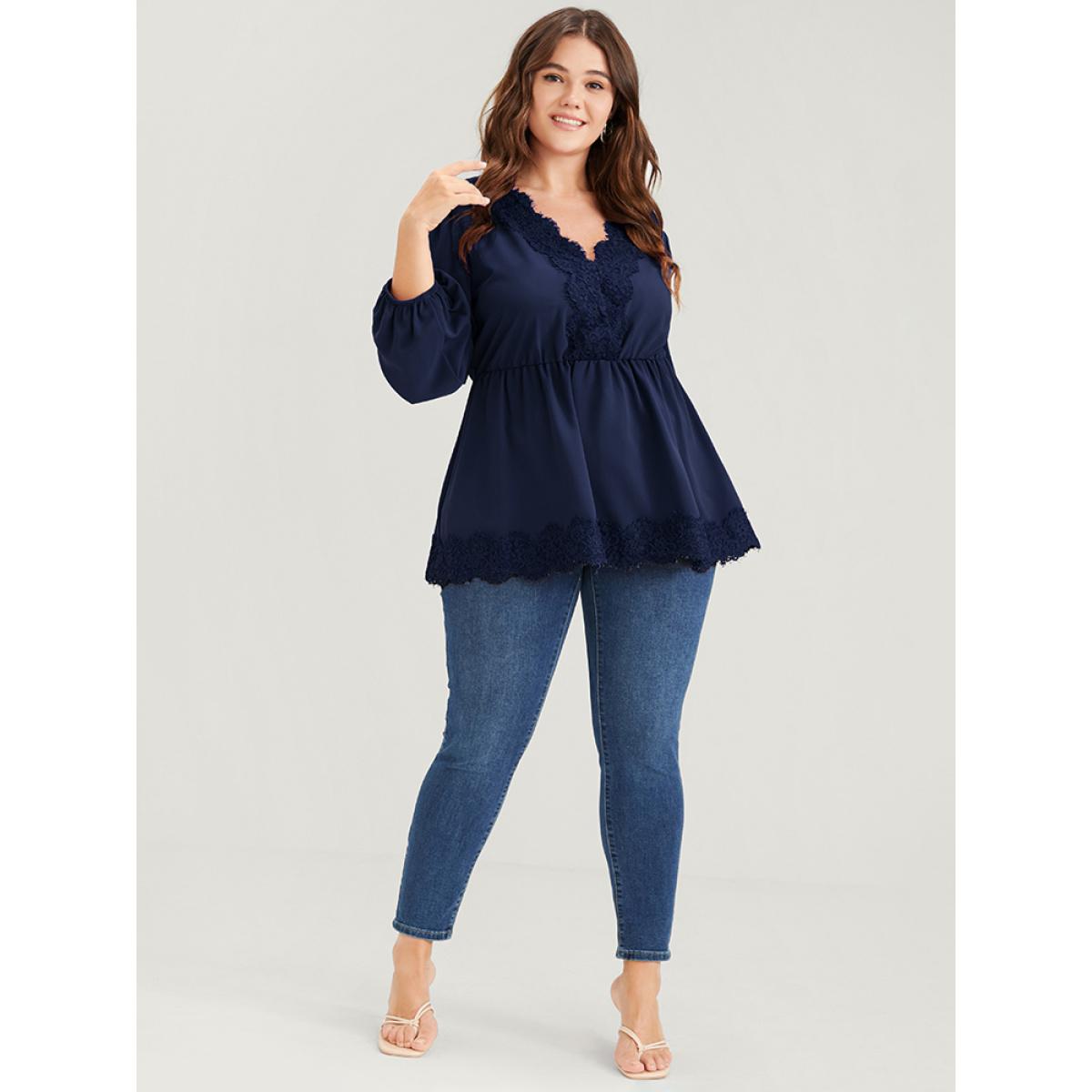 Plus Size Navy Solid Lantern Sleeve Ruffle Hem Lace Trim Blouse Women Elegant Long Sleeve V-neck Dailywear Blouses BloomChic 10/M Product Image