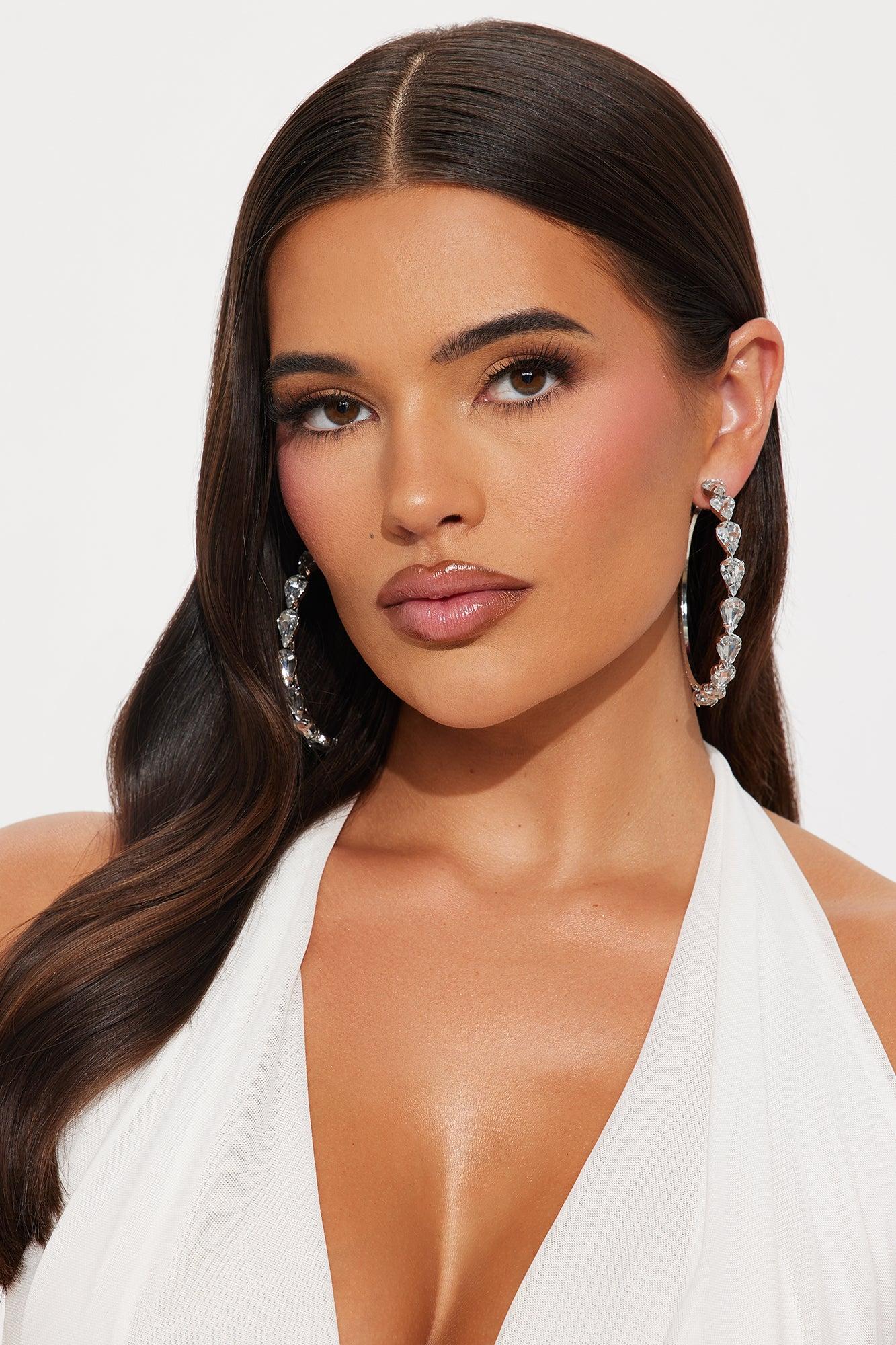 Beautiful Bliss Oversized Rhinestone Hoop Earrings - Silver Female Product Image