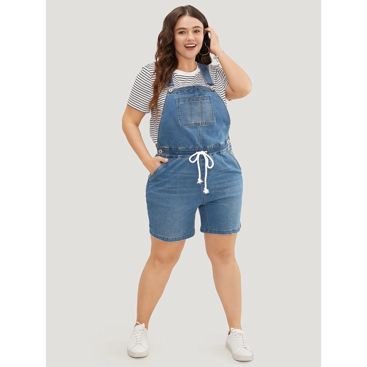 Plus Size Drawstring Button Up Dark Wash Denim Overalls Blue Women Plain Low stretch Dailywear Pocket Casual Denim Jumpsuits BloomChic 10/M Product Image