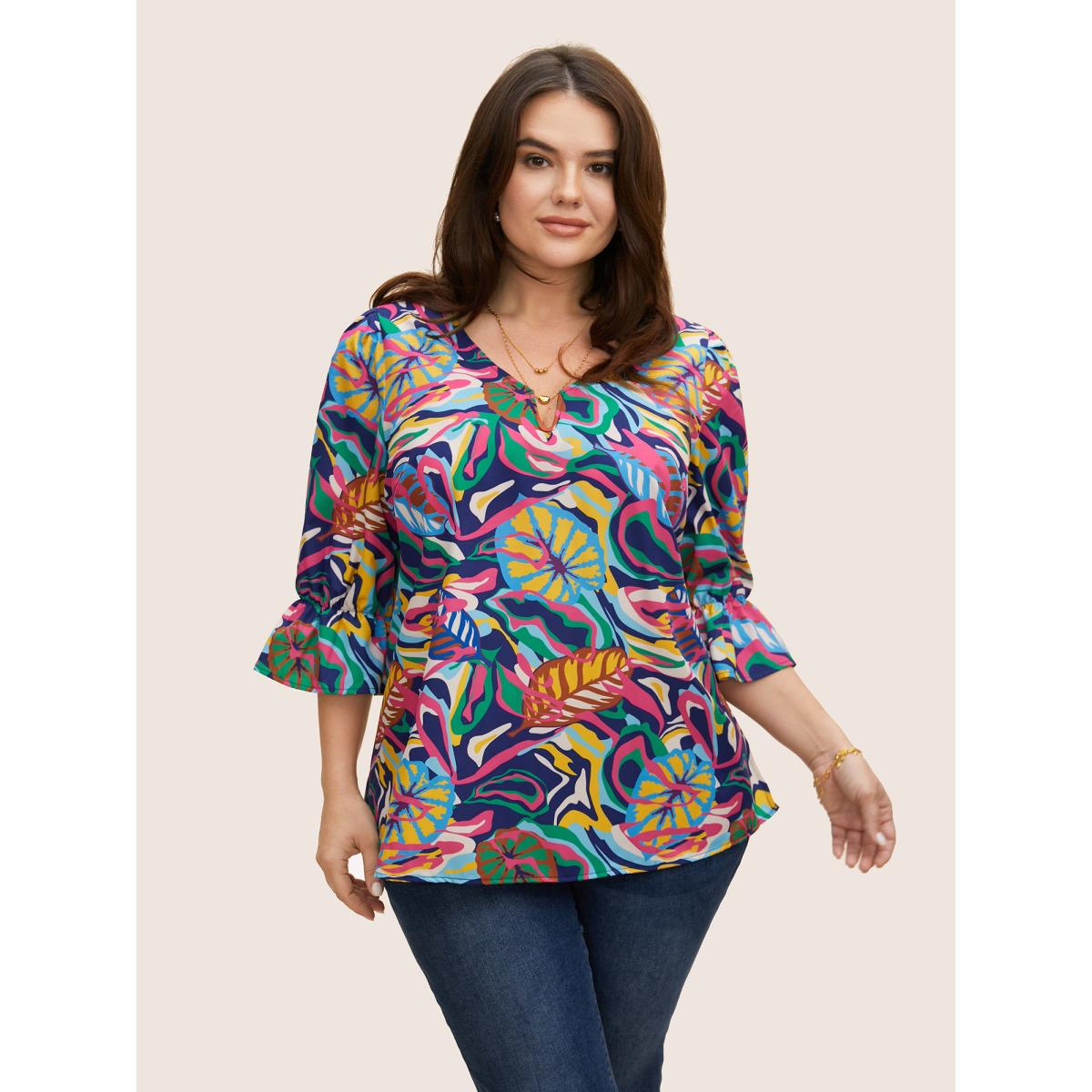 Plus Size Multicolor Tropical Print Notched Lantern Sleeve Blouse Women Elegant Elbow-length sleeve Notched collar Everyday Blouses BloomChic 12/L Product Image