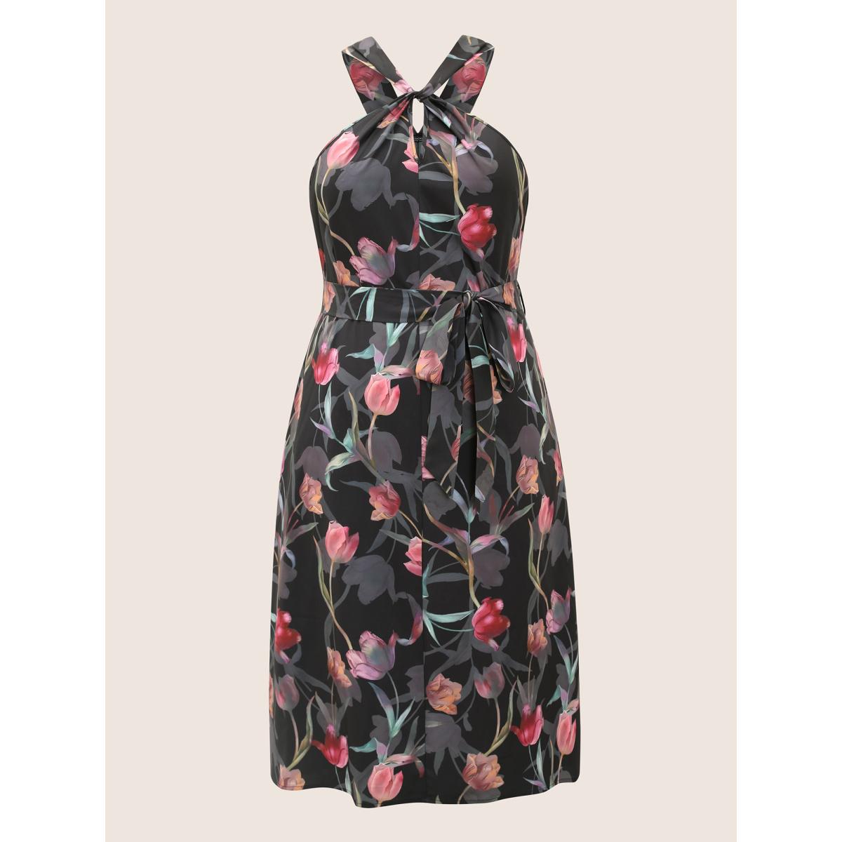 Plus Size Floral Halter Belted Twist Front Pocket Dress BlackFlower Women Elegant Belted Halter neck Sleeveless Curvy Midi Dress BloomChic 10/M Product Image