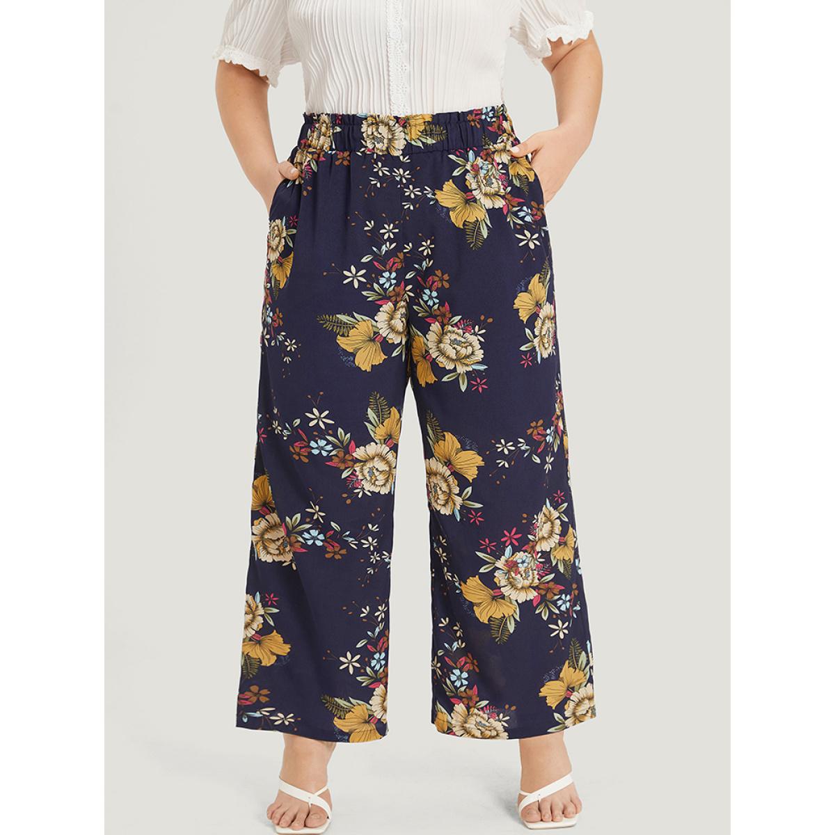 Plus Size Floral Print Pocket Elastic Waist Wide High Rise Pants Women Indigo Elegant Straight Leg High Rise Dailywear Pants BloomChic 22-24/3X Product Image