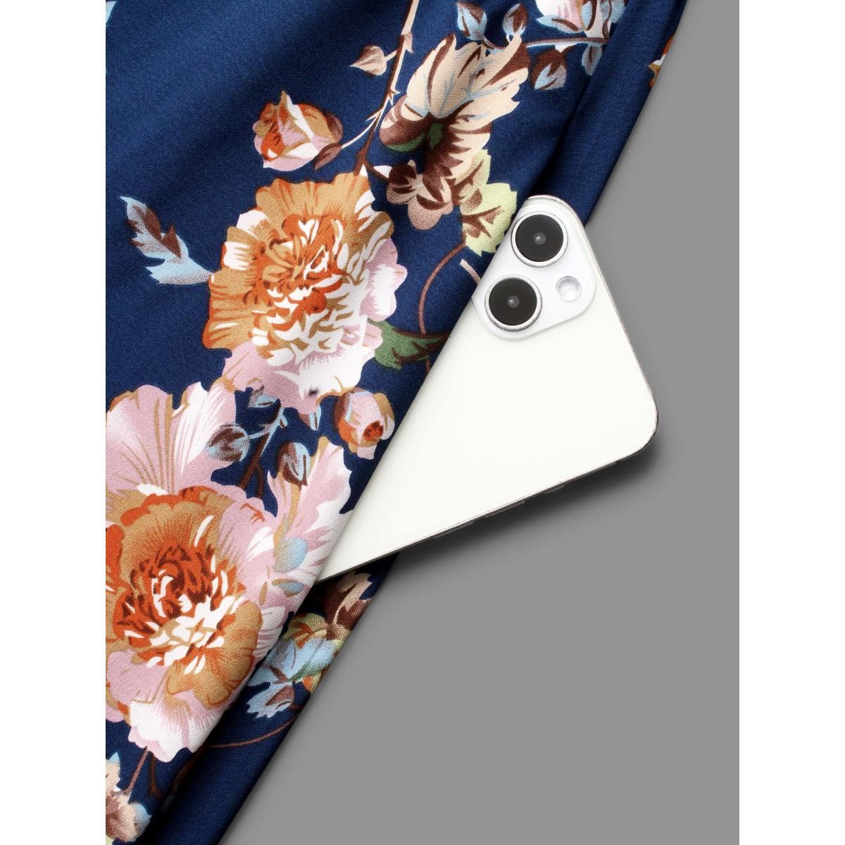 Plus Size Floral Shirred V-Neck Maxi Dress DarkBlue Women Elegant Shirred V-neck Long Sleeve Curvy BloomChic 28/5X Product Image