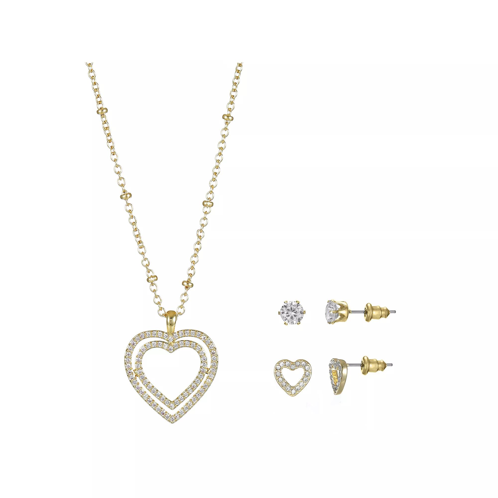 Gold Tone Cubic Zirconia Pave Heart Pendant Necklace & Stud Earrings Duo Set, Women's Product Image