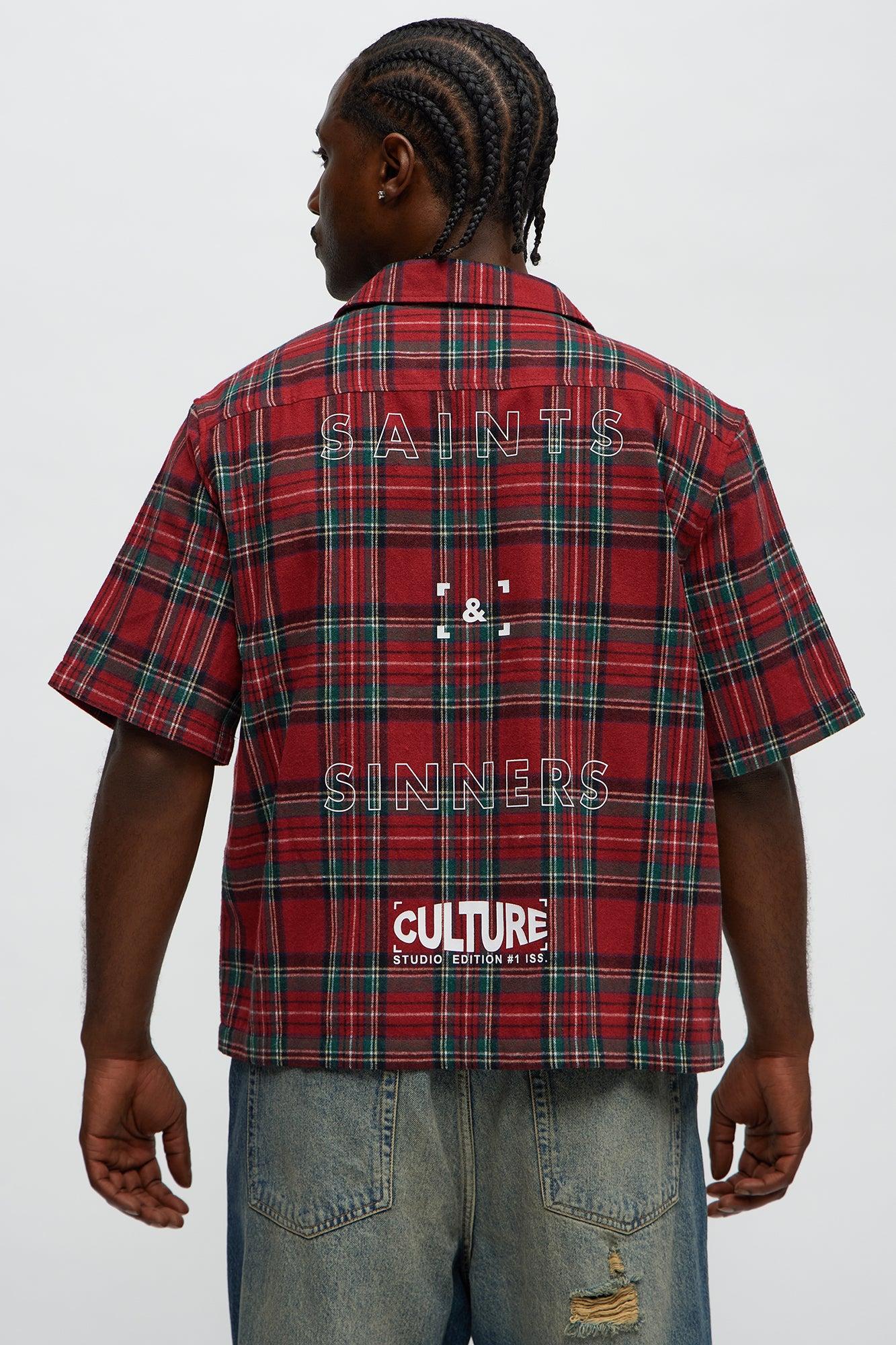 Culture Plaid Cropped Button Up Shirt - Red Male Product Image