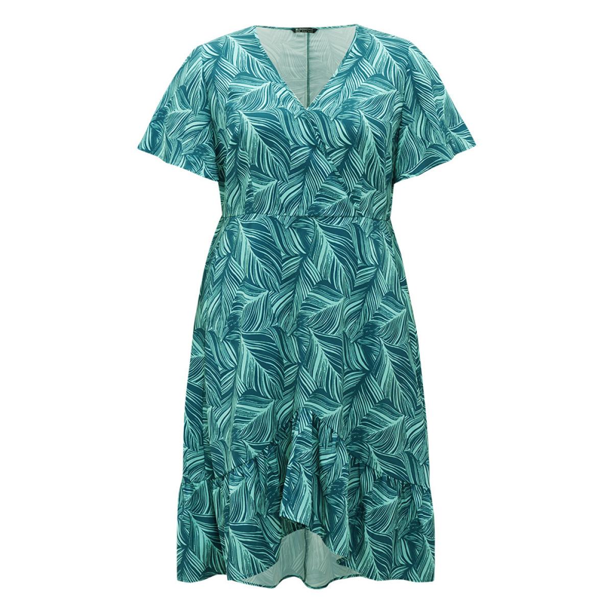 Plus Size Plant Print Ruffles Pocket Asymmetrical Hem Wrap Dress Green Women Vacation Wrap V-neck Short sleeve Curvy Midi Dress BloomChic 28/5X Product Image