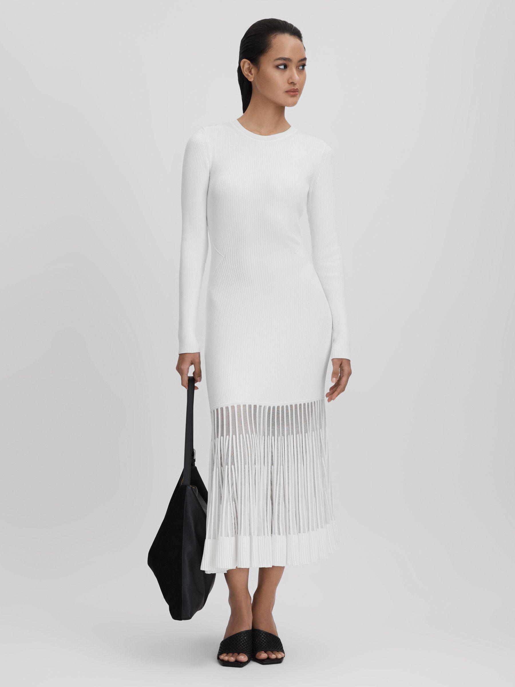 Knitted Sheer Flared Midi Dress in Cream Product Image