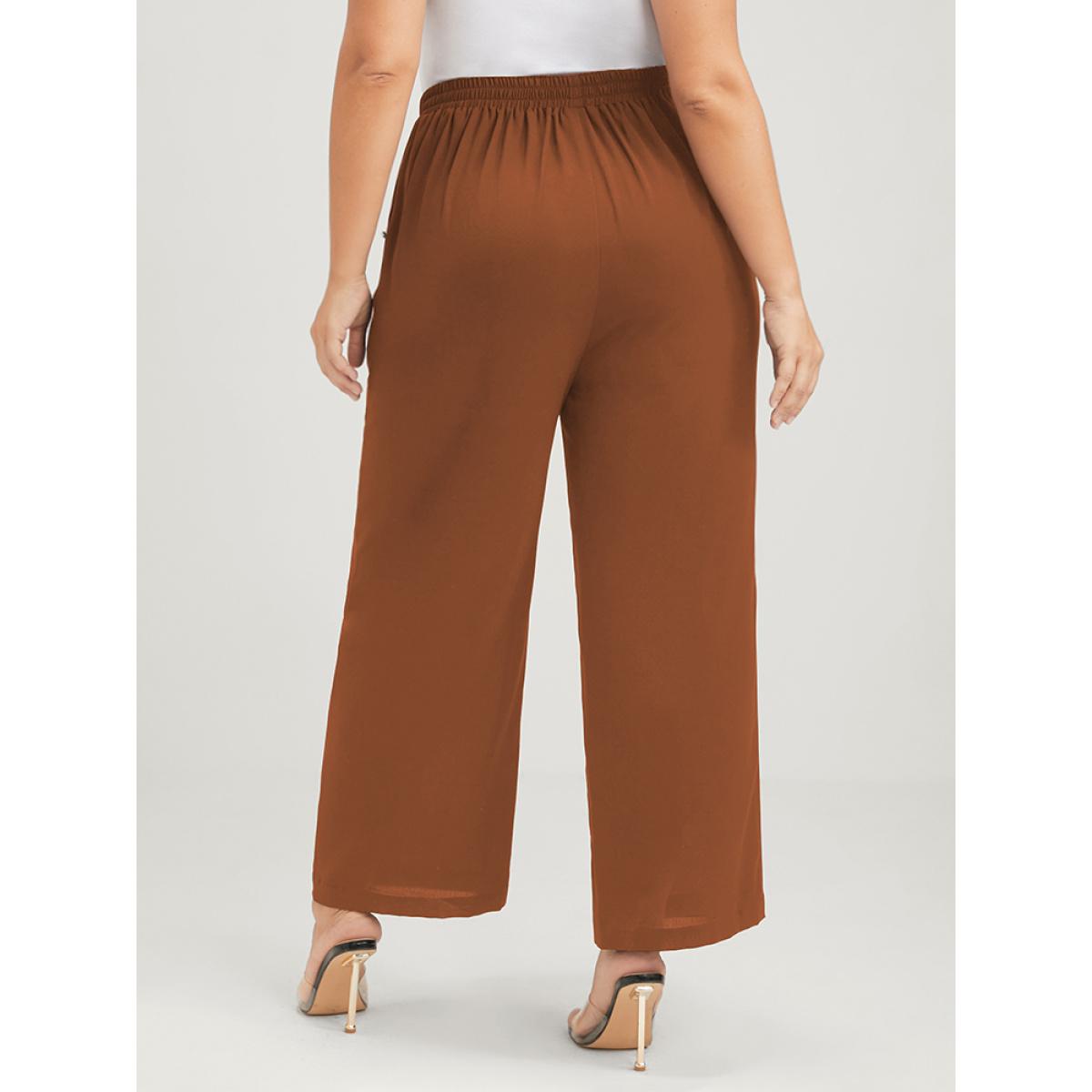 Plus Size Solid Pocket Button Detail Elastic Waist Pants Women Chocolate Office High Rise Work Pants BloomChic 22-24/3X Product Image