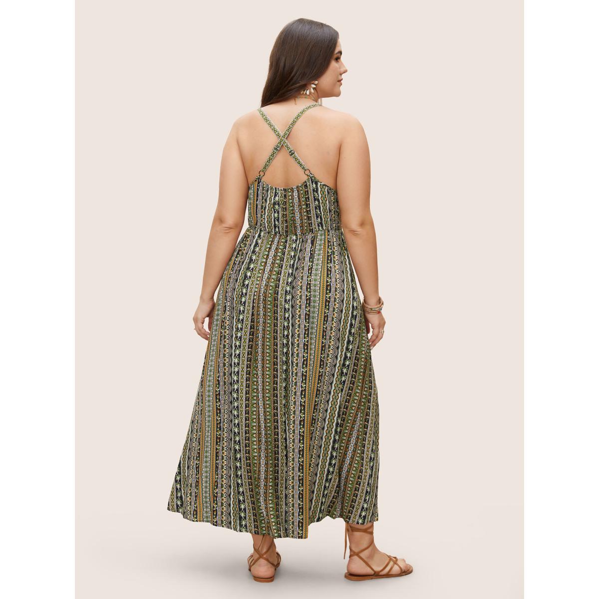Plus Size Boho Print Elastic Waist Split Hem Cami Dress Truegreen Women Resort Non V-neck Sleeveless Curvy BloomChic 18-20/2X Product Image