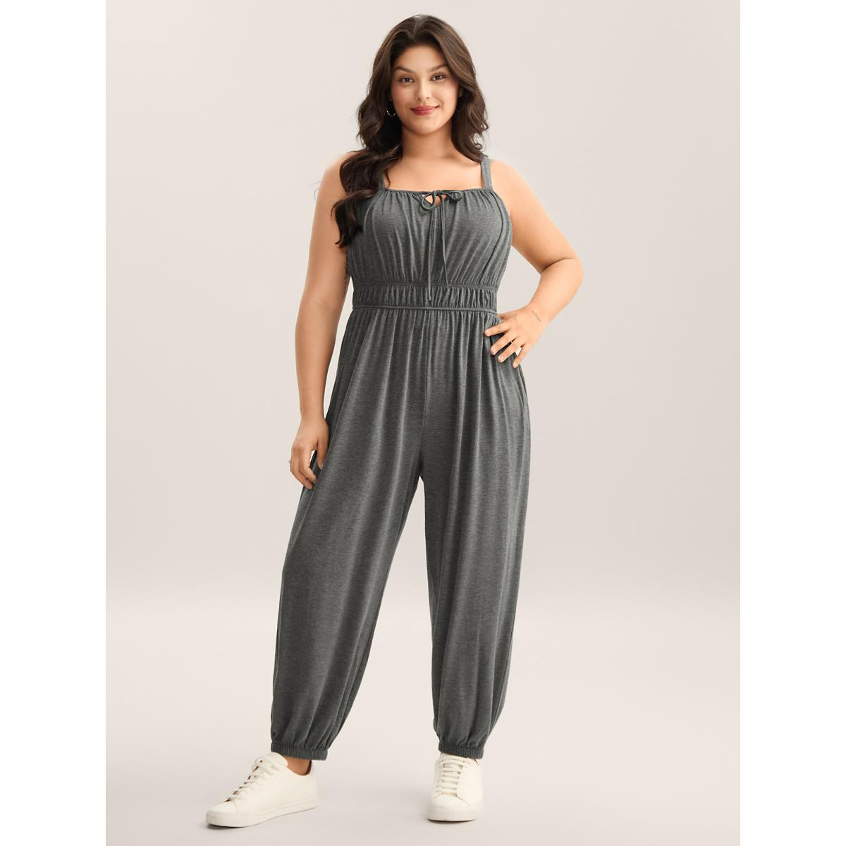 Plus Size DimGray Stretchy Pleated Straps Pockets Jumpsuit Women Sleeveless Non Casual Loose Jumpsuits BloomChic 22-24/3X Product Image