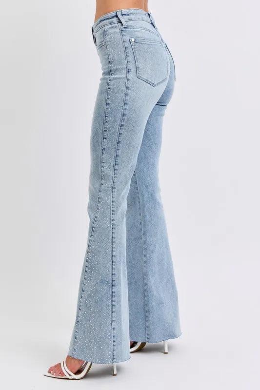 88895   Kora Mid Rise Rhinestone Side Panel Detail Flare Judy Blue Jeans Product Image