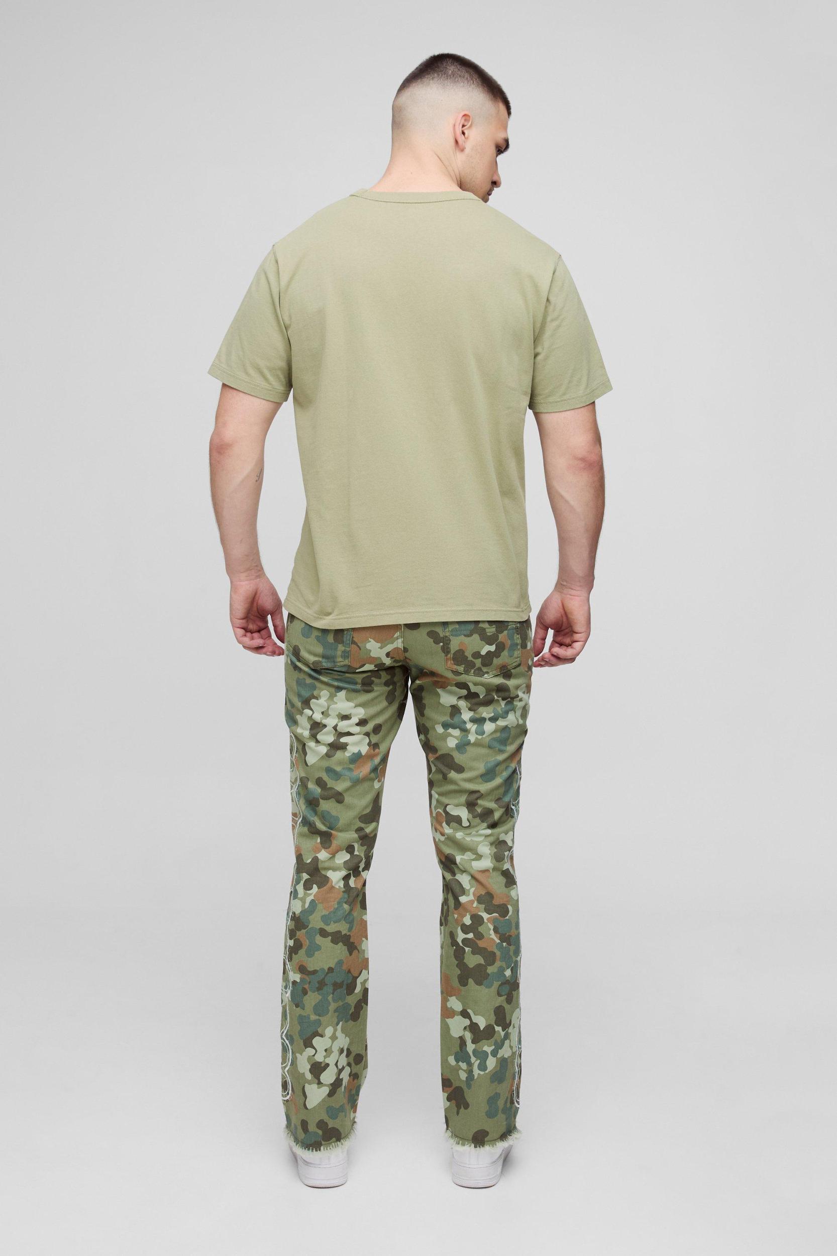 Tall Self Applique Gusset Detail Camo Slim Fit Flared Pants | boohooMAN USA Product Image