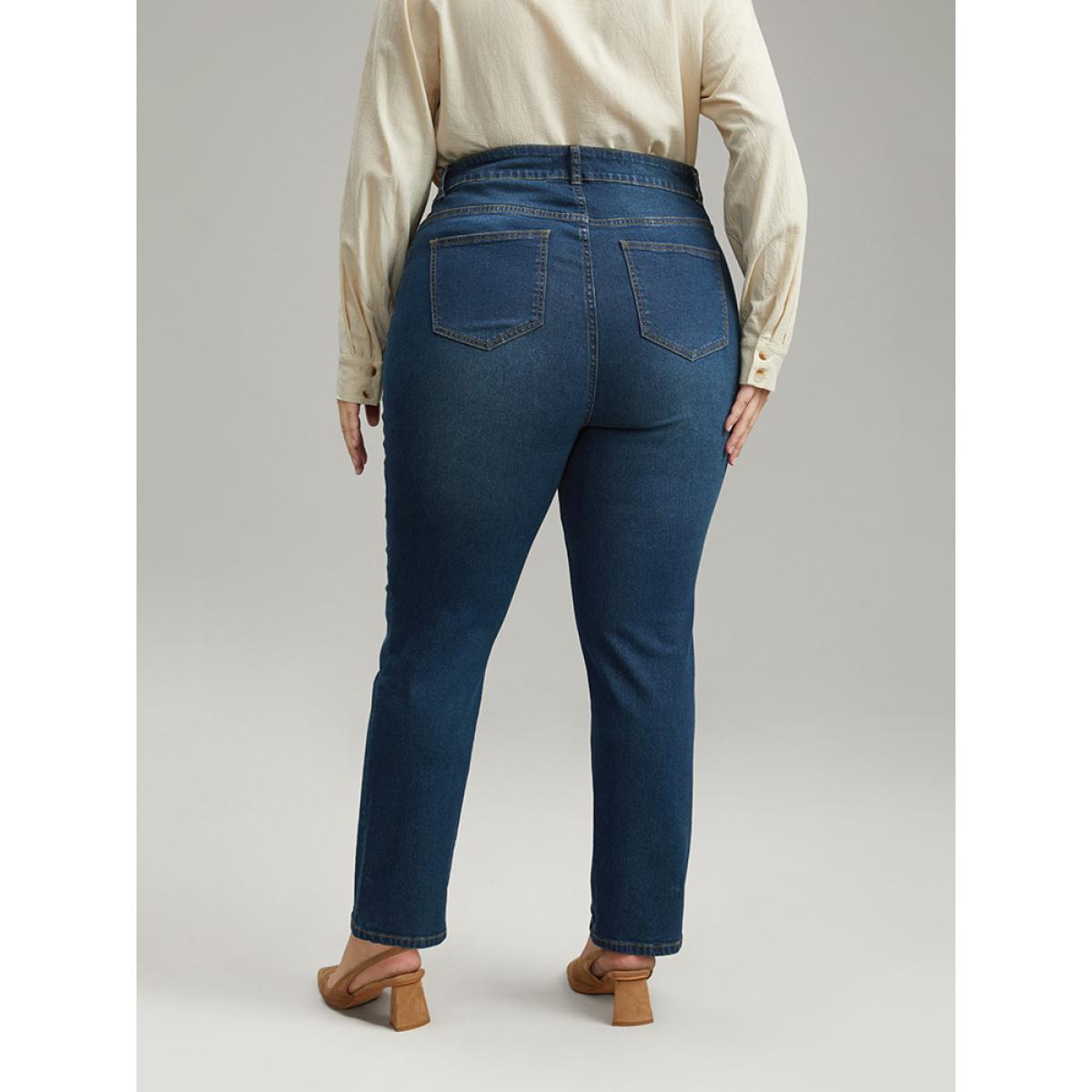 Plus Size Plain Straight Leg Zipper Fly Jeans Women Indigo Casual Plain Pocket High stretch Pocket Jeans BloomChic 24/3X Product Image