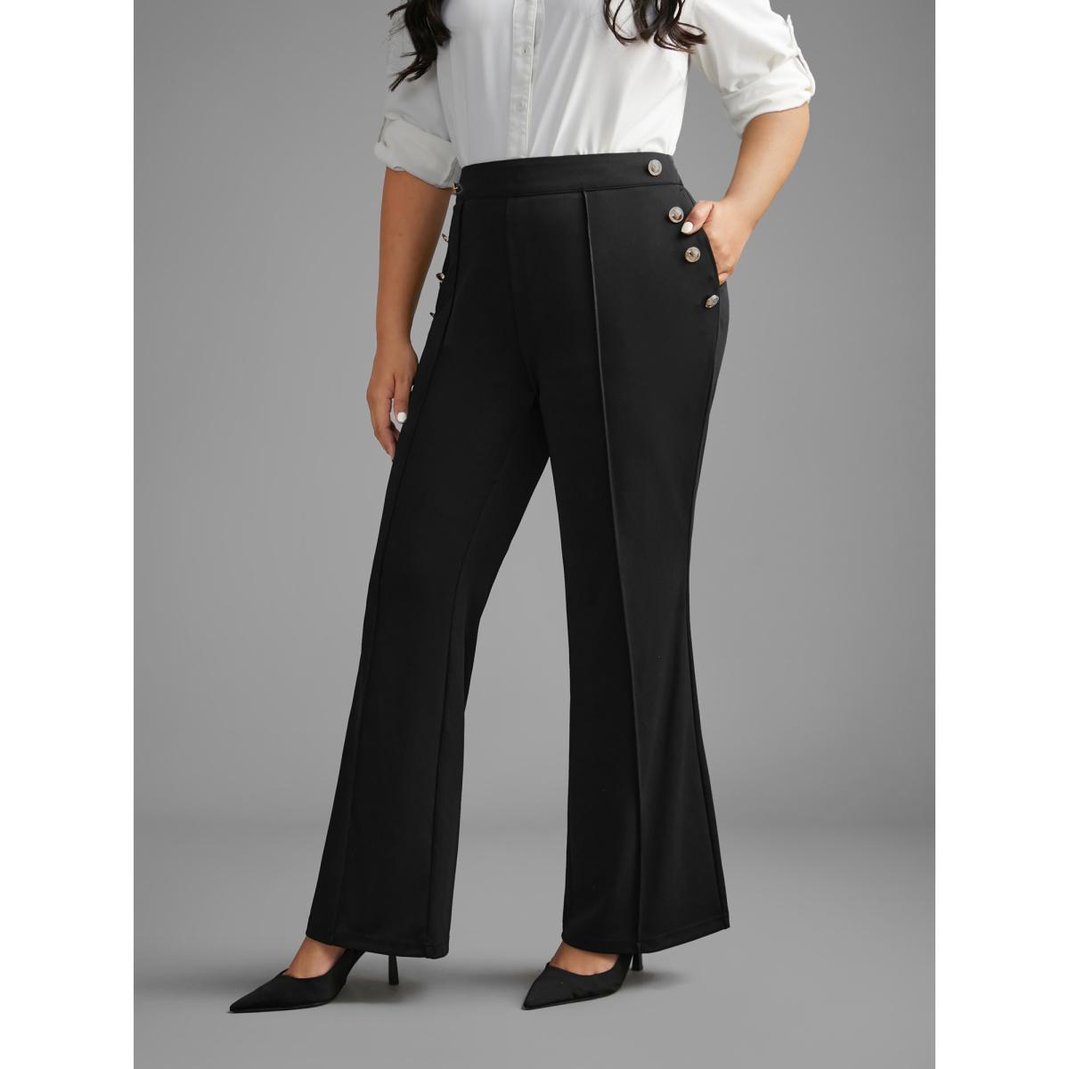 Plus Size Stretchy Woven Button Detail Bootcut Pants Women Black At the Office Bootcut Mid Rise Office Pants BloomChic 18-20/2X Product Image