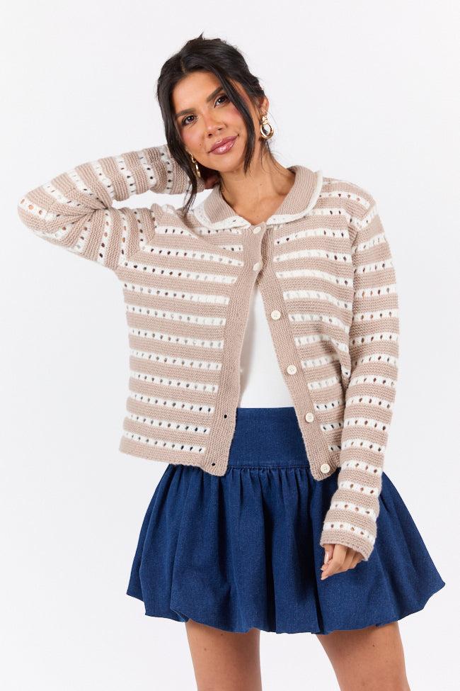 Warm Feelings Taupe Open Knit Striped Collared Cardigan FINAL SALE Product Image