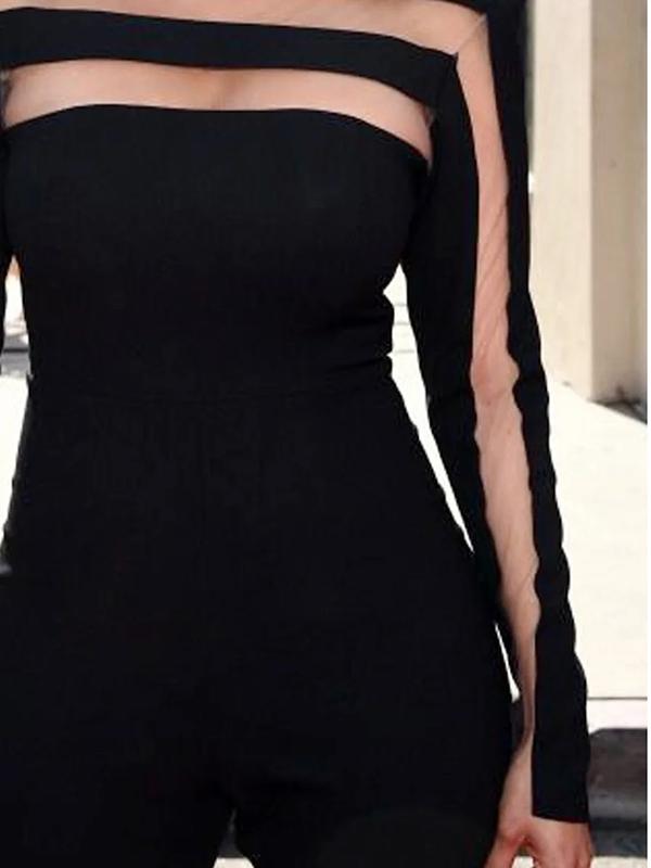 Long Sleeves Skinny Mesh Solid Color Split-Joint High Neck T-Shirts Tops Product Image