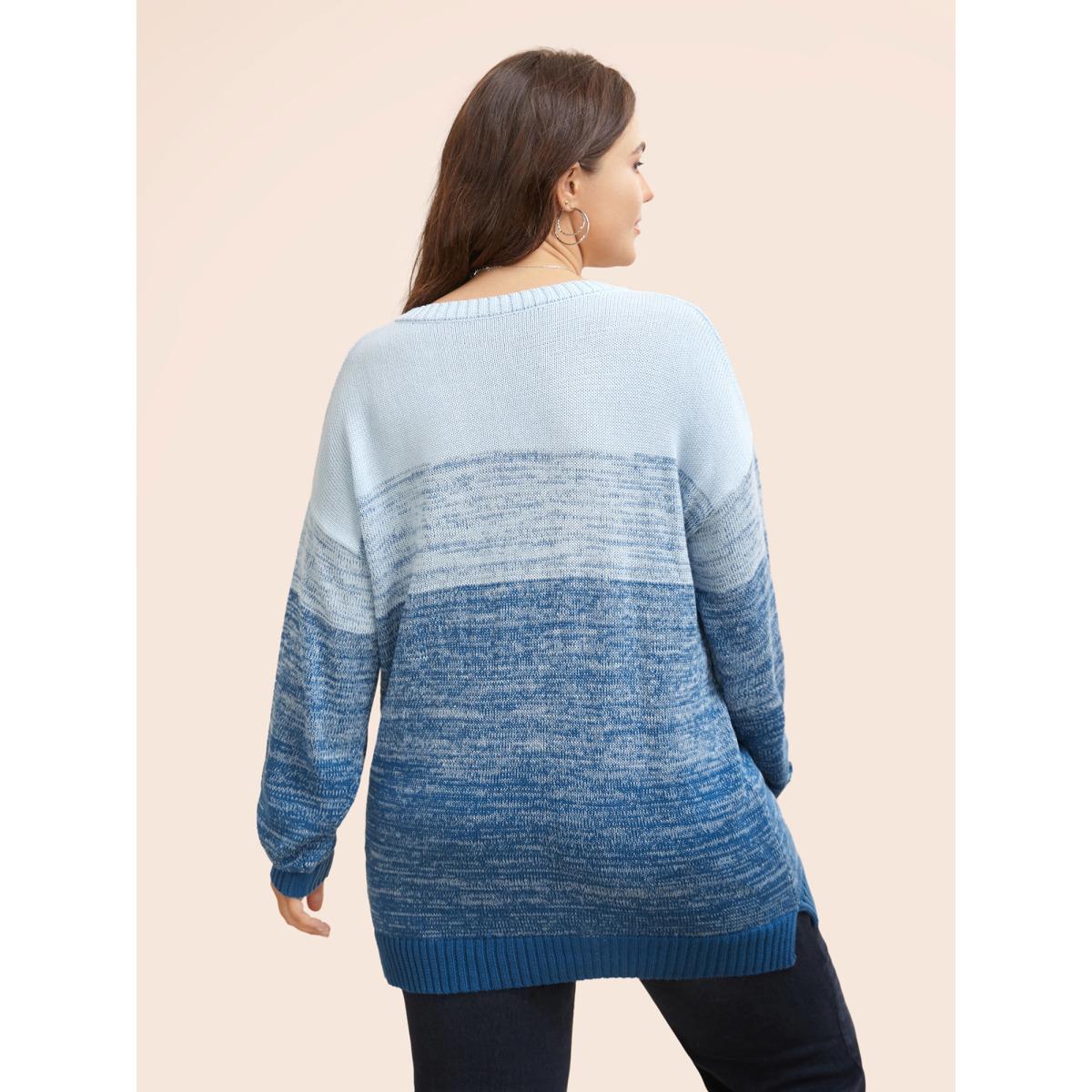 Plus Size Cotton V Neck Ombre Split Hem Pullover LightBlue Women Casual Long Sleeve V-neck Everyday Pullovers BloomChic 18-20/2X Product Image