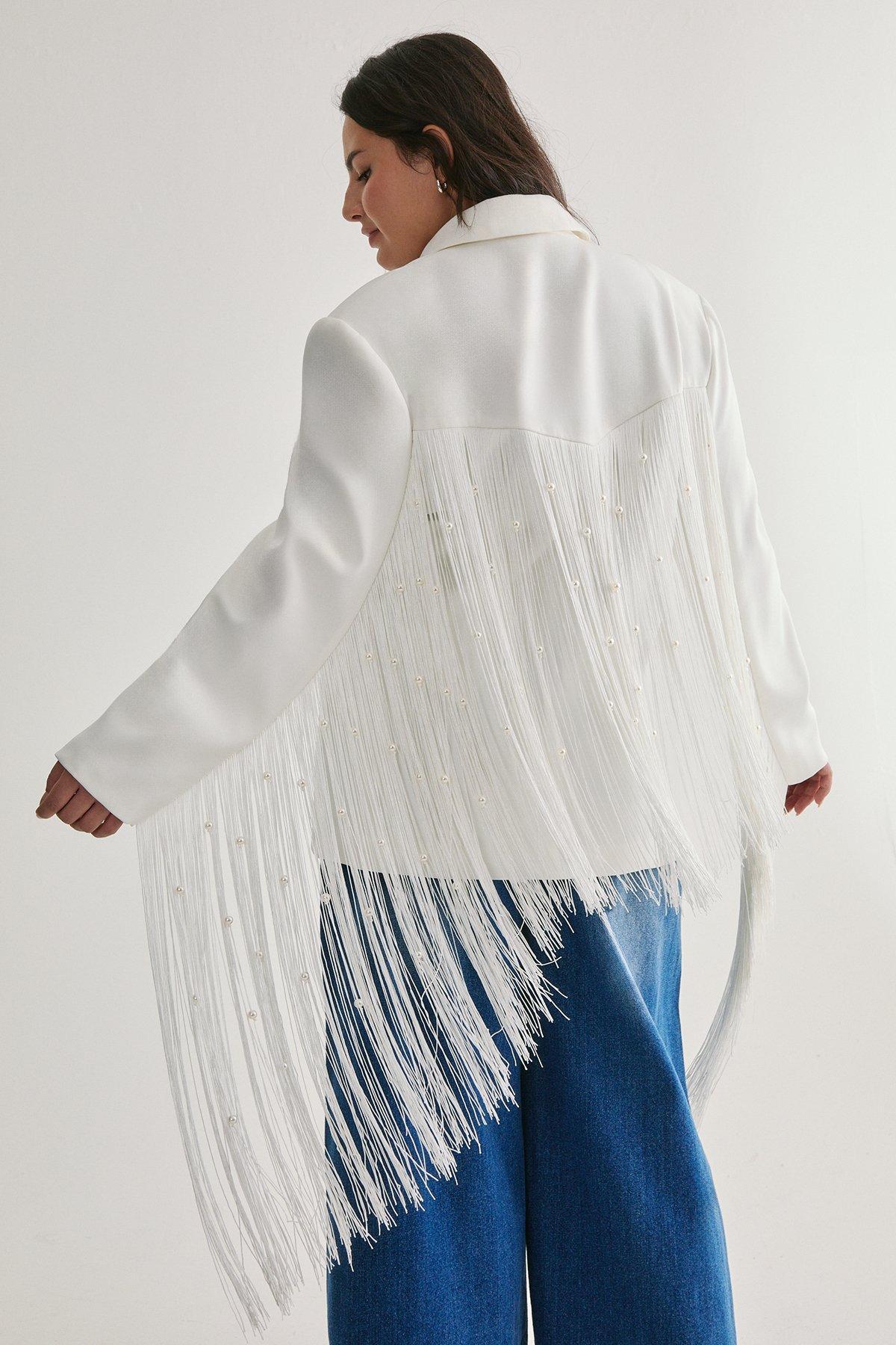 Plus Premium Pearl Trim Fringe Blazer Product Image