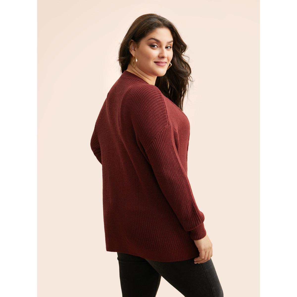 Plus Size Texture Cable Knit Drop Shoulder Pullover Burgundy Women Casual Loose Long Sleeve Round Neck Everyday Pullovers BloomChic 26/4X Product Image
