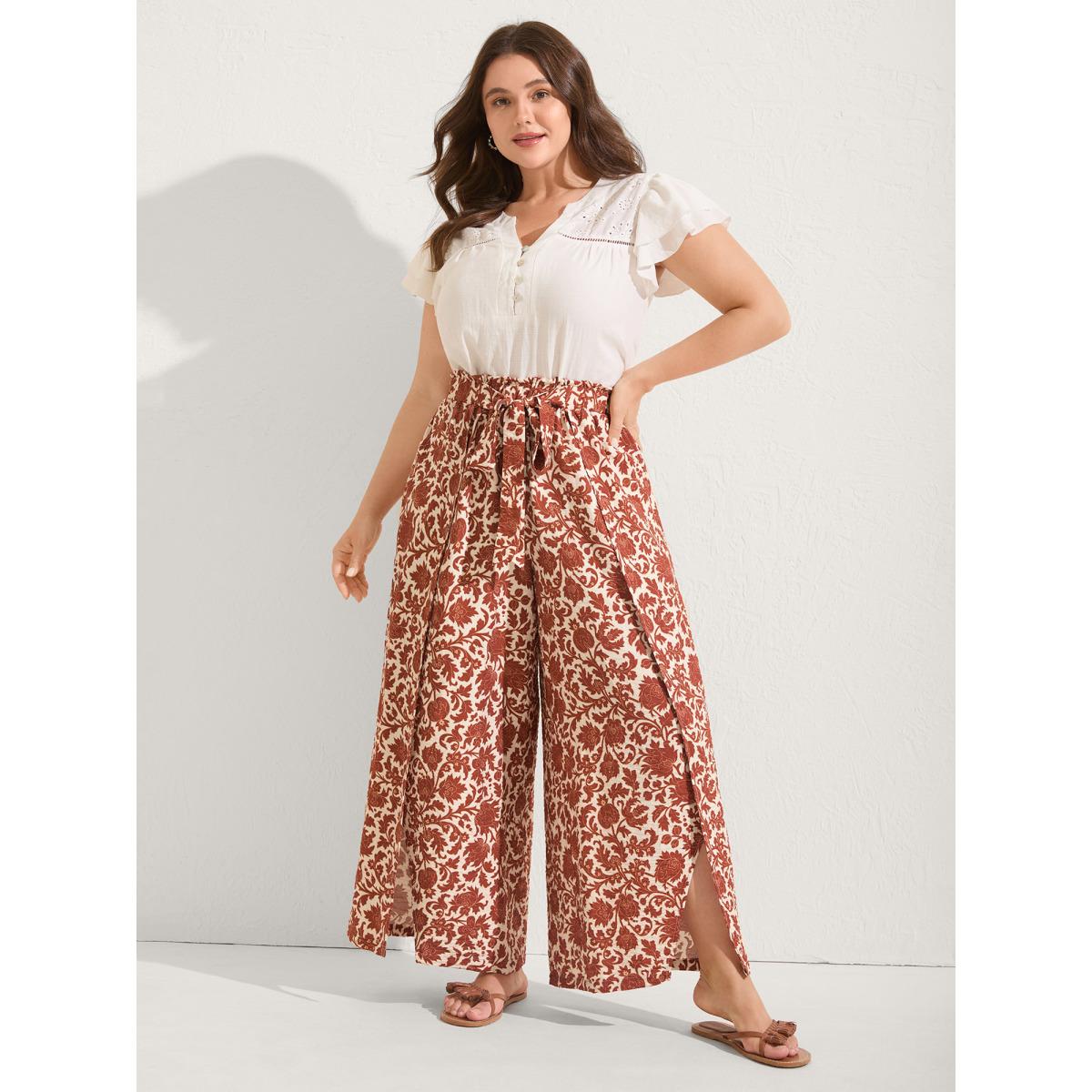 Plus Size Boho Overlap Slit Belted Wide-Leg Pants Women Rust Boho Loose Mid Rise Vacation Pants BloomChic 22-24/3X Product Image