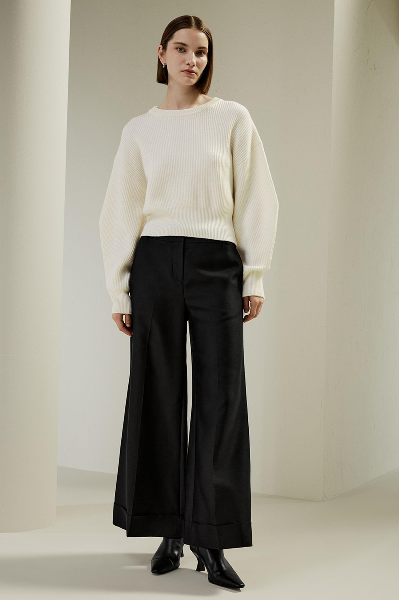 Round Neck Drop-Shoulder Merino Wool Sweater Product Image