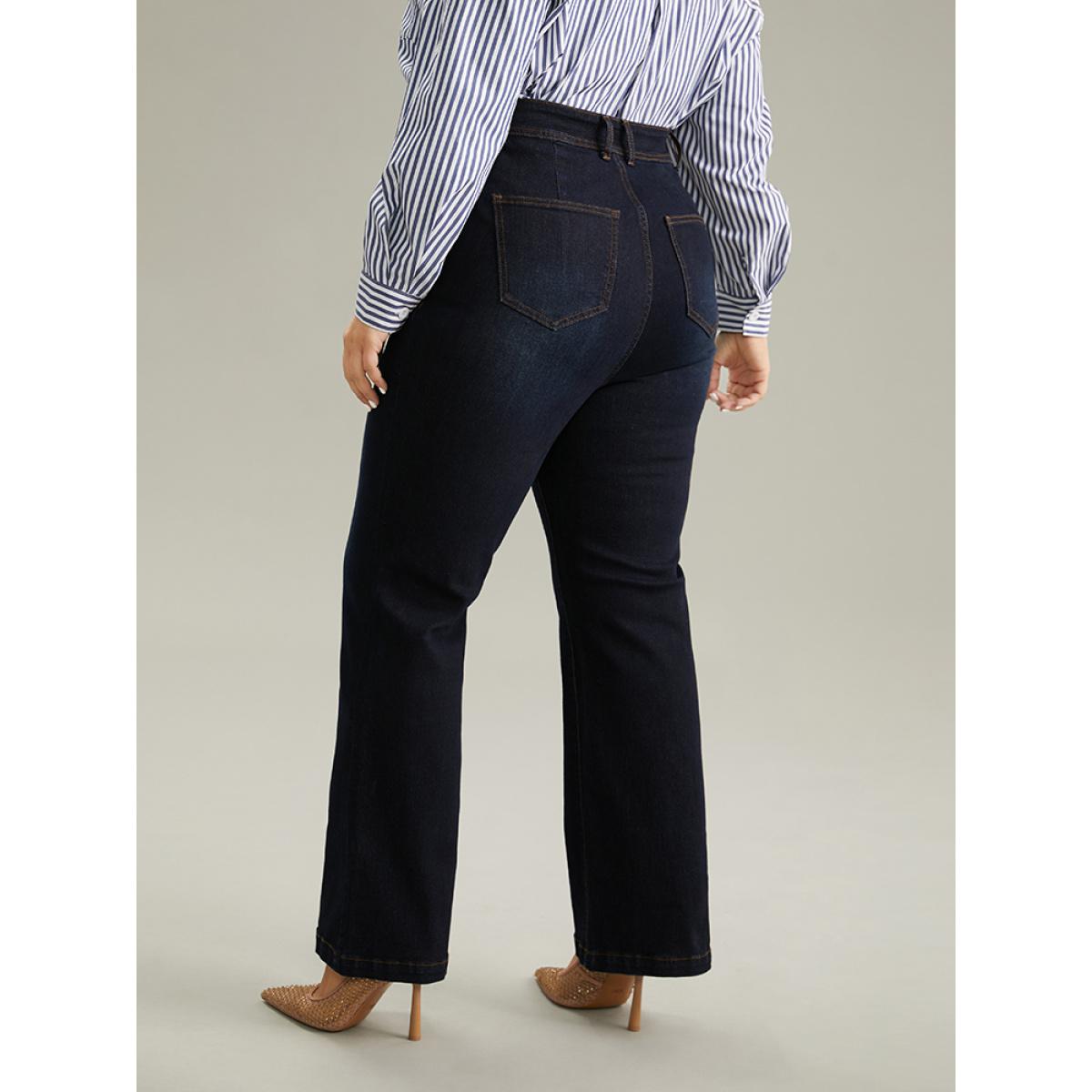 Plus Size Straight Leg Dark Wash Patched Pocket Jeans Women Midnight Casual Plain Plain High stretch Pocket Jeans BloomChic 24/3X Product Image