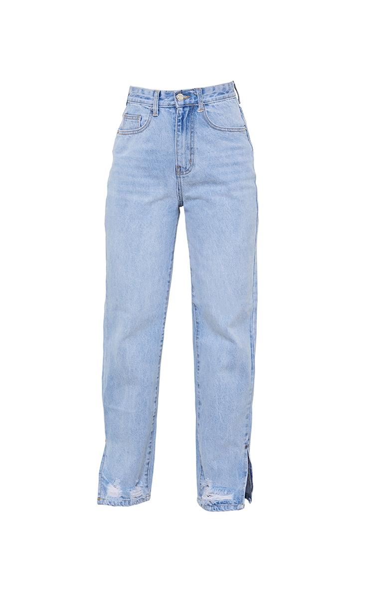 Petite Light Blue Wash Ripped Split Hem Straight Leg Jeans Product Image