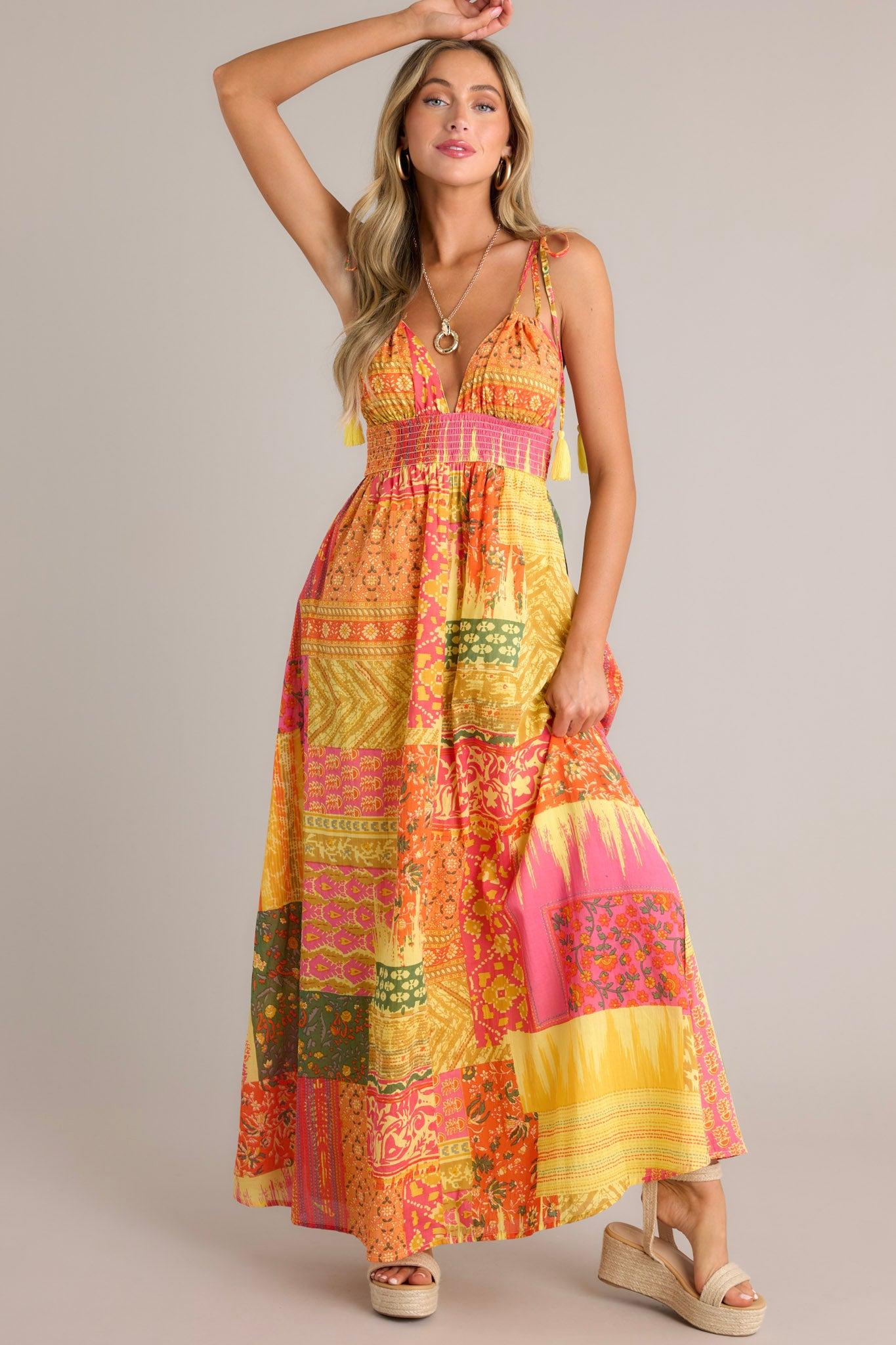 Patchwork Paradise Cotton Orange Multi Maxi Dress Product Image