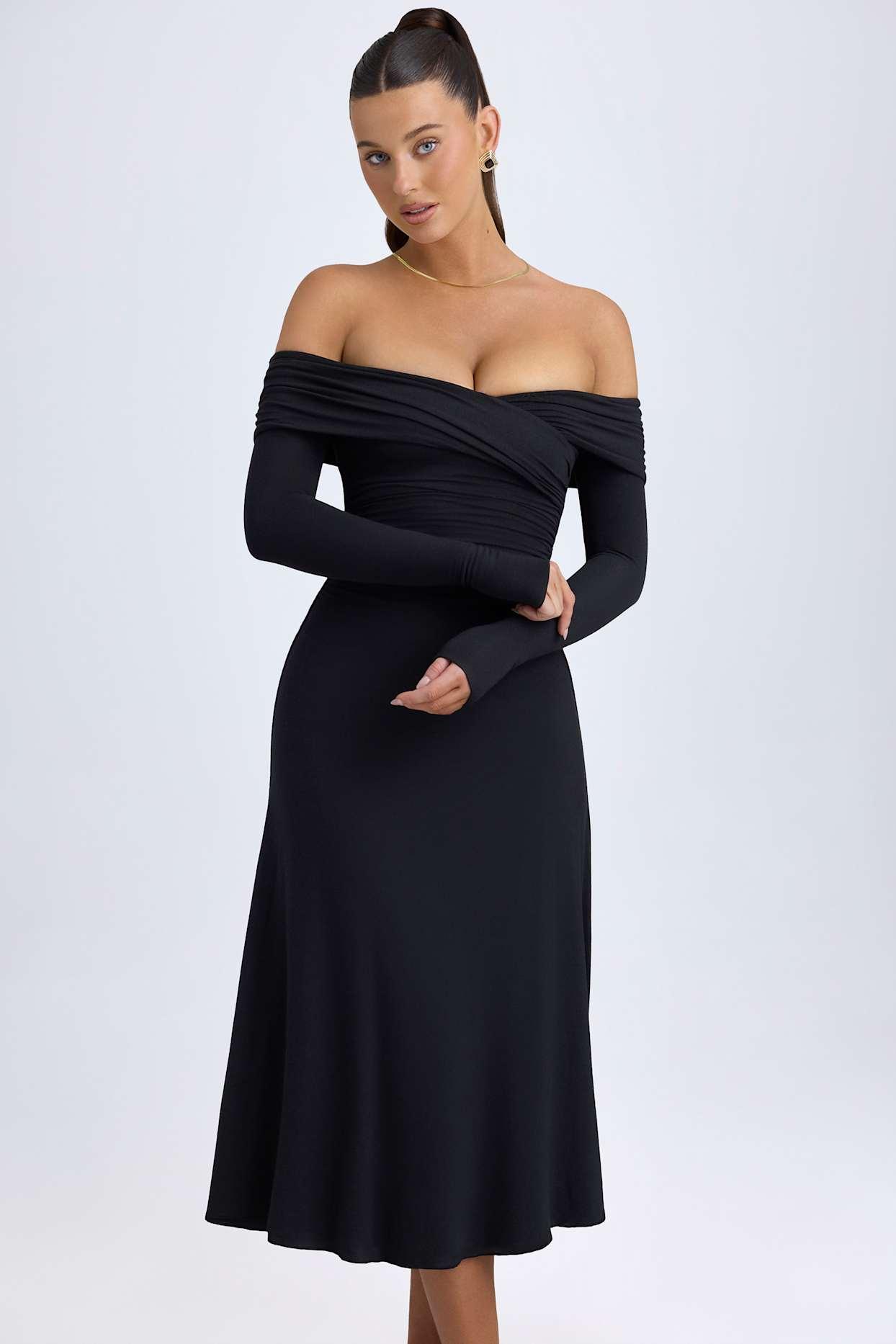 Modal Off-Shoulder Ruched Midaxi Dress in Black Female Product Image