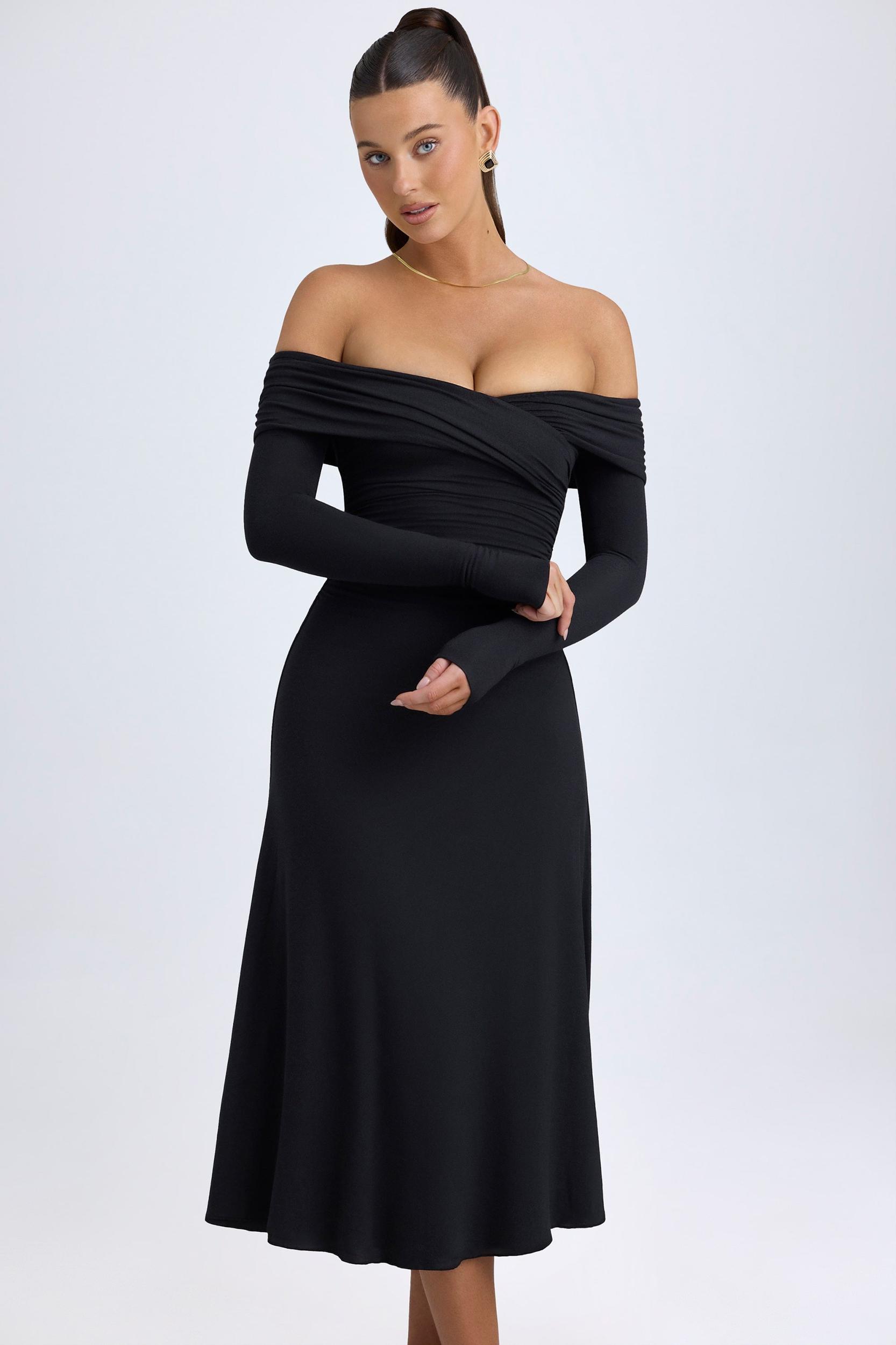 Modal Off-Shoulder Ruched Midaxi Dress in Black Female Product Image