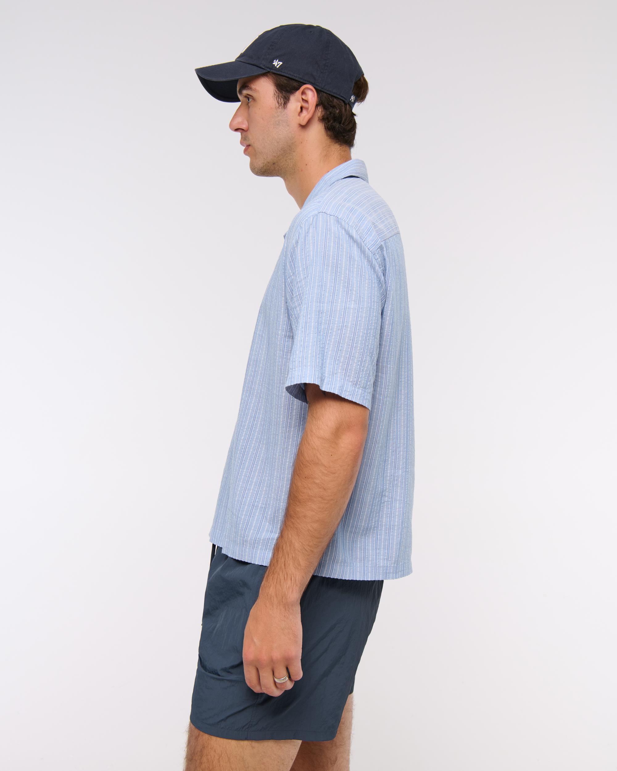 Camp Collar Cropped Seersucker Shirt Product Image