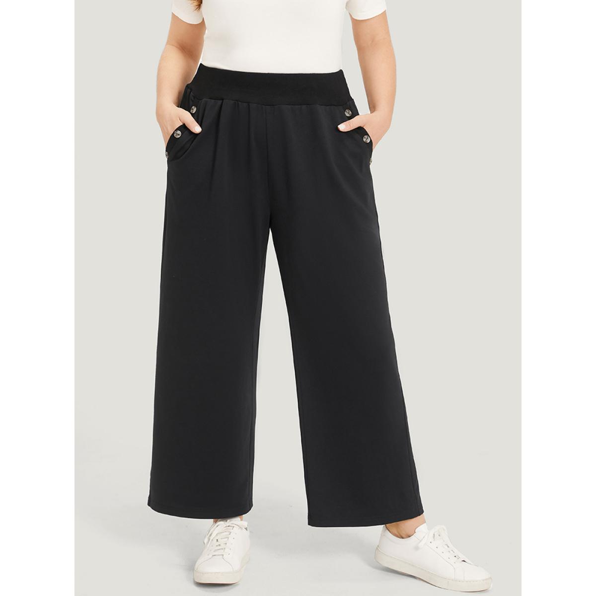 Plain Pocket Button Detail High Rise Sweatpants Black Plus Size Women Casual Dailywear Plain 22-24/3X Bloomchic Product Image