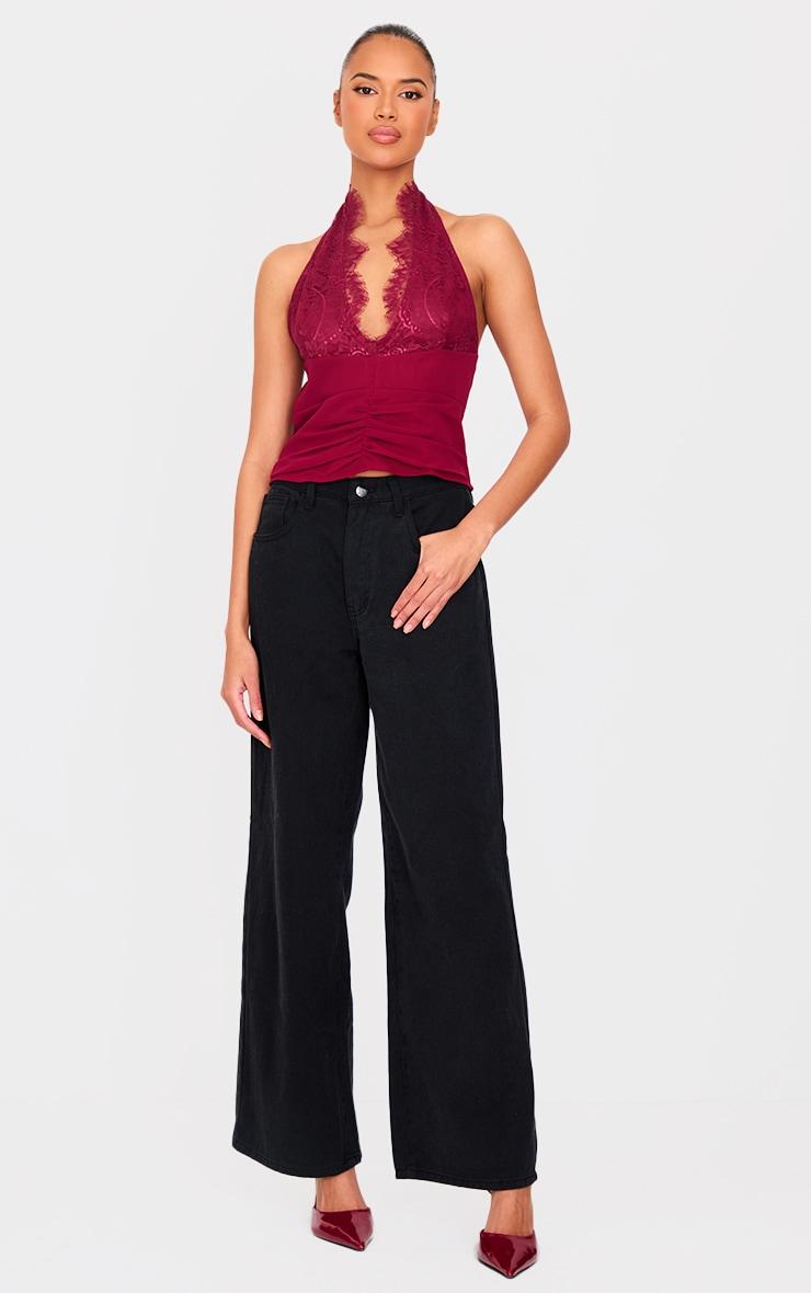 Burgundy Lace Detail Chiffon Printed Plunge Long Top Product Image