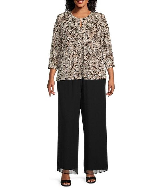 Alex Evenings Plus Size Crew Neck 3/4 Sleeve Glitter Slinky Printed Twinset Product Image