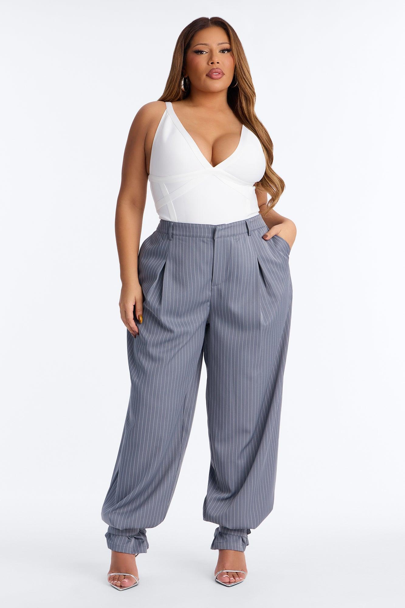 Never Settle Pinstripe Adjustable Cuff Trouser Pants 33″ - Grey Female Product Image