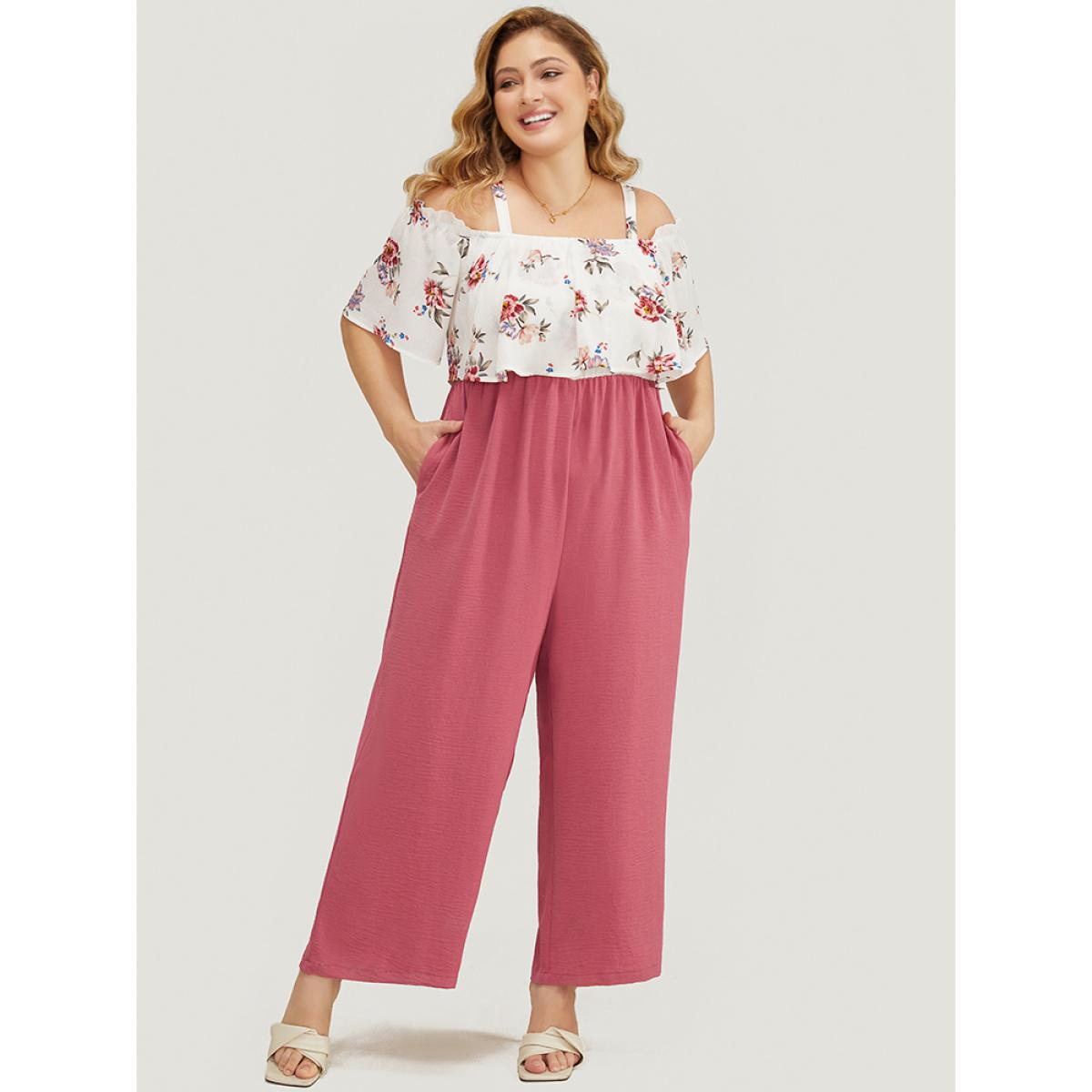 Plus Size DustyPink Floral Patchwork Pocket Ruffle Trim Cold Shoulder Jumpsuit Women Elegant Short sleeve Cold Shoulder Dailywear Loose Jumpsuits BloomChic 30/6X Product Image