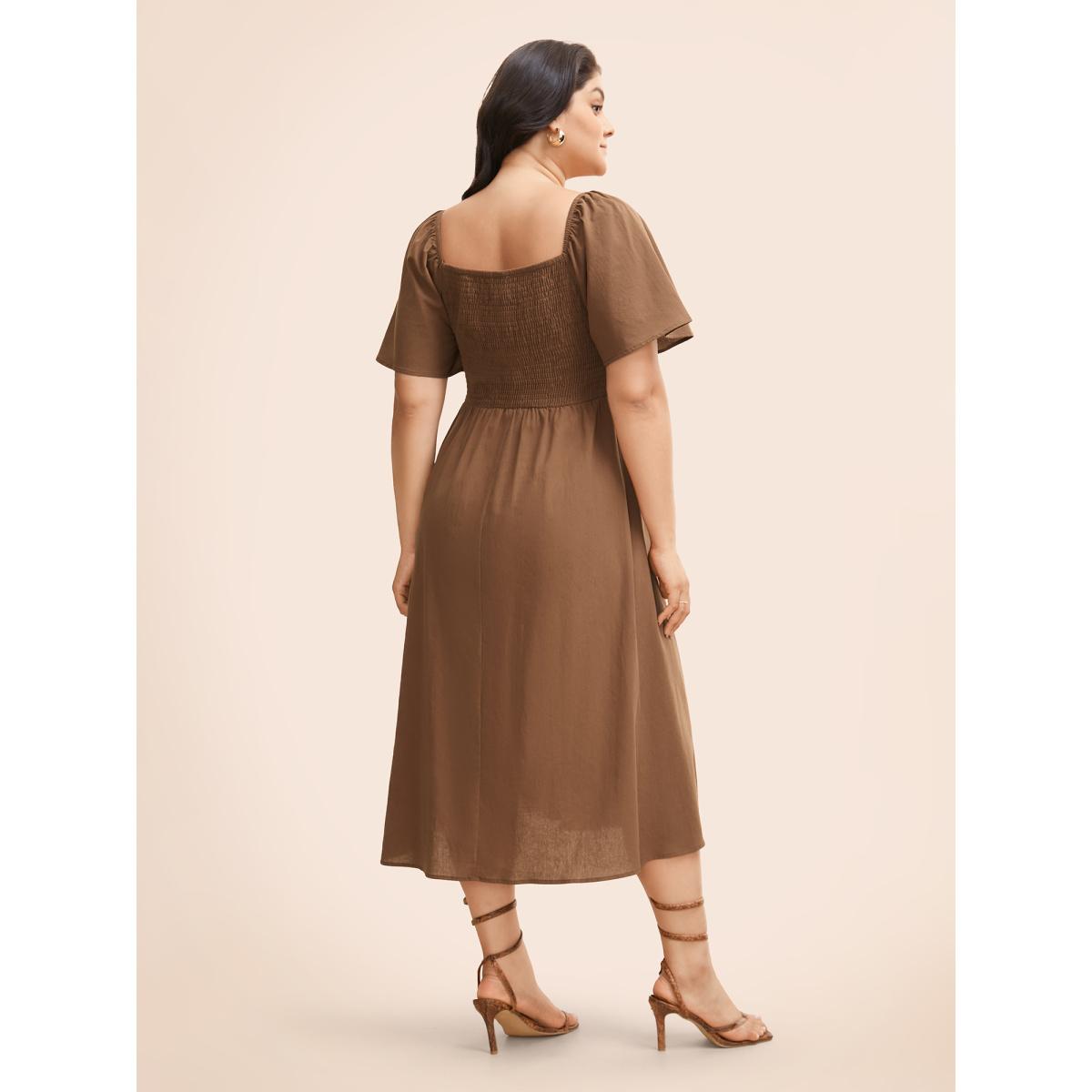 Plus Size Cotton Square Neck Shirred Ruffle Sleeve Split Hem Dress Browncoffeecolor Women Casual Gathered Square Neck Short sleeve Curvy BloomChic 22-24/3X Product Image