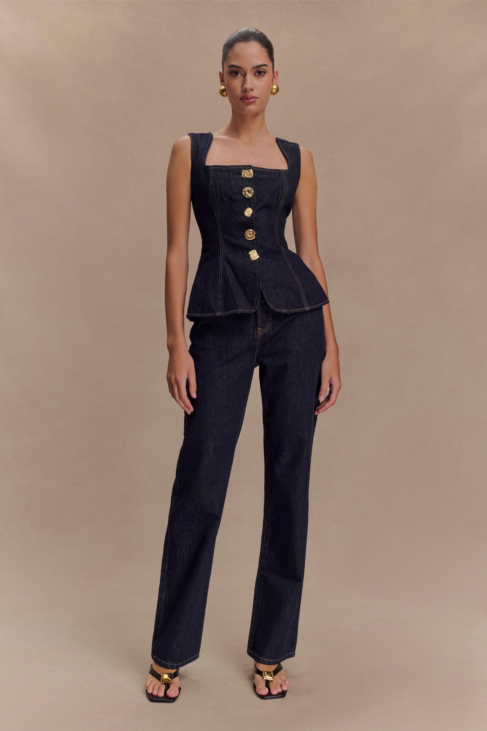 Neve Sleeveless Buttoned Denim Top - Washed Indigo Blue Product Image